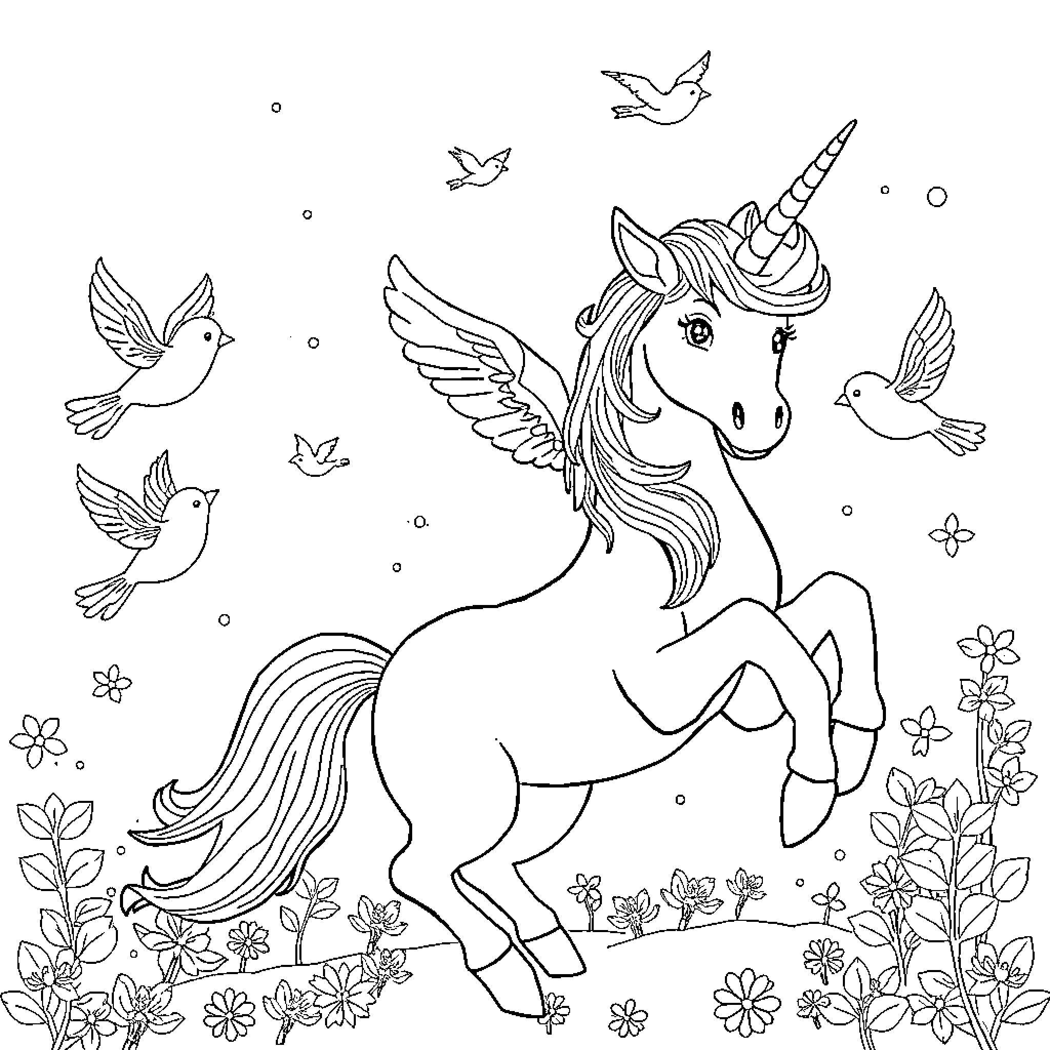 Unicorn surrounded by whimsical birds and flowers Coloring Page (free black-and-white line drawing printable PDF for all, from beginners to advanced learners, including children, teens, adults, and seniors)