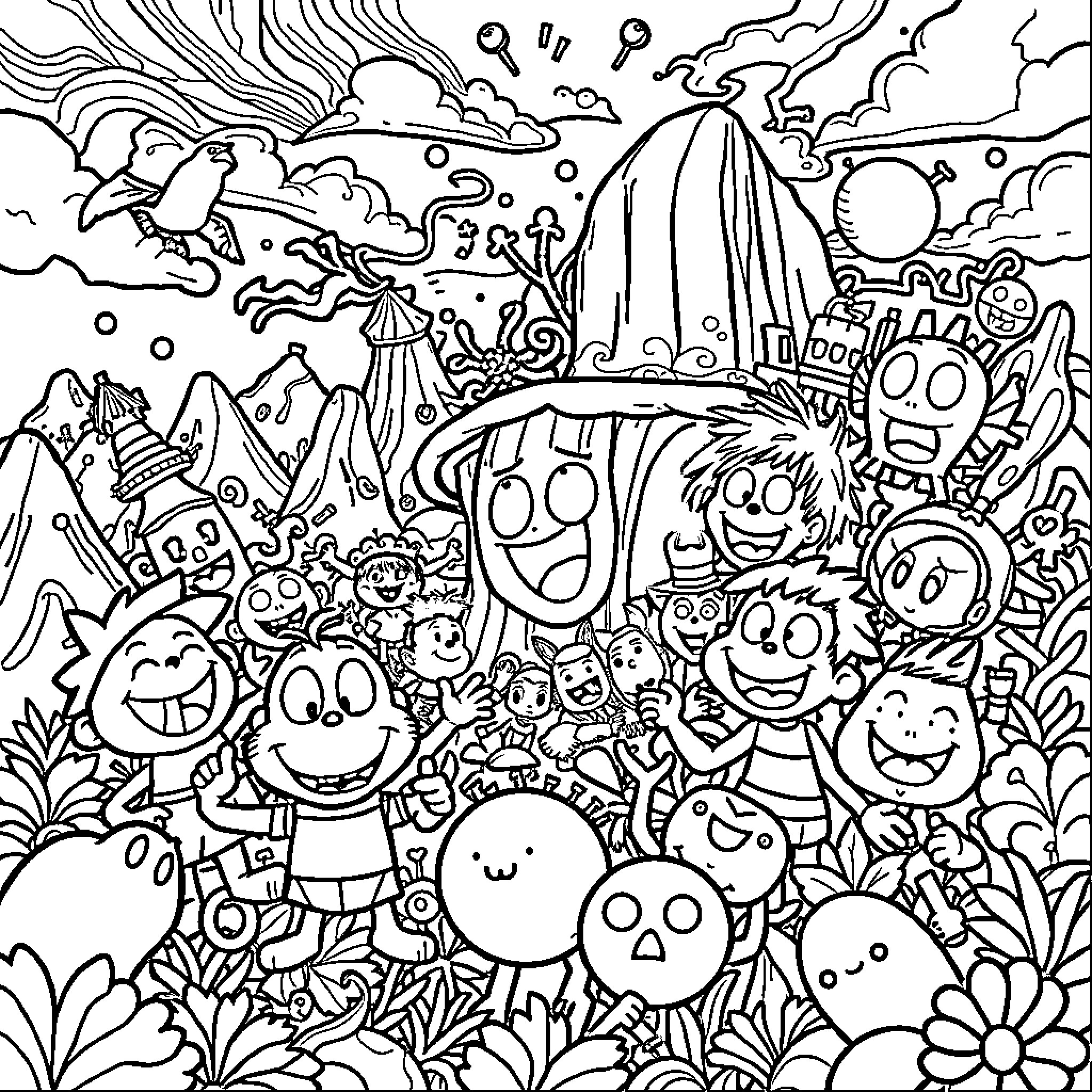 Cartoon creatures in whimsical landscape Coloring Page (free black-and-white line drawing printable PDF for all, from beginners to advanced learners, including children, teens, adults, and seniors)
