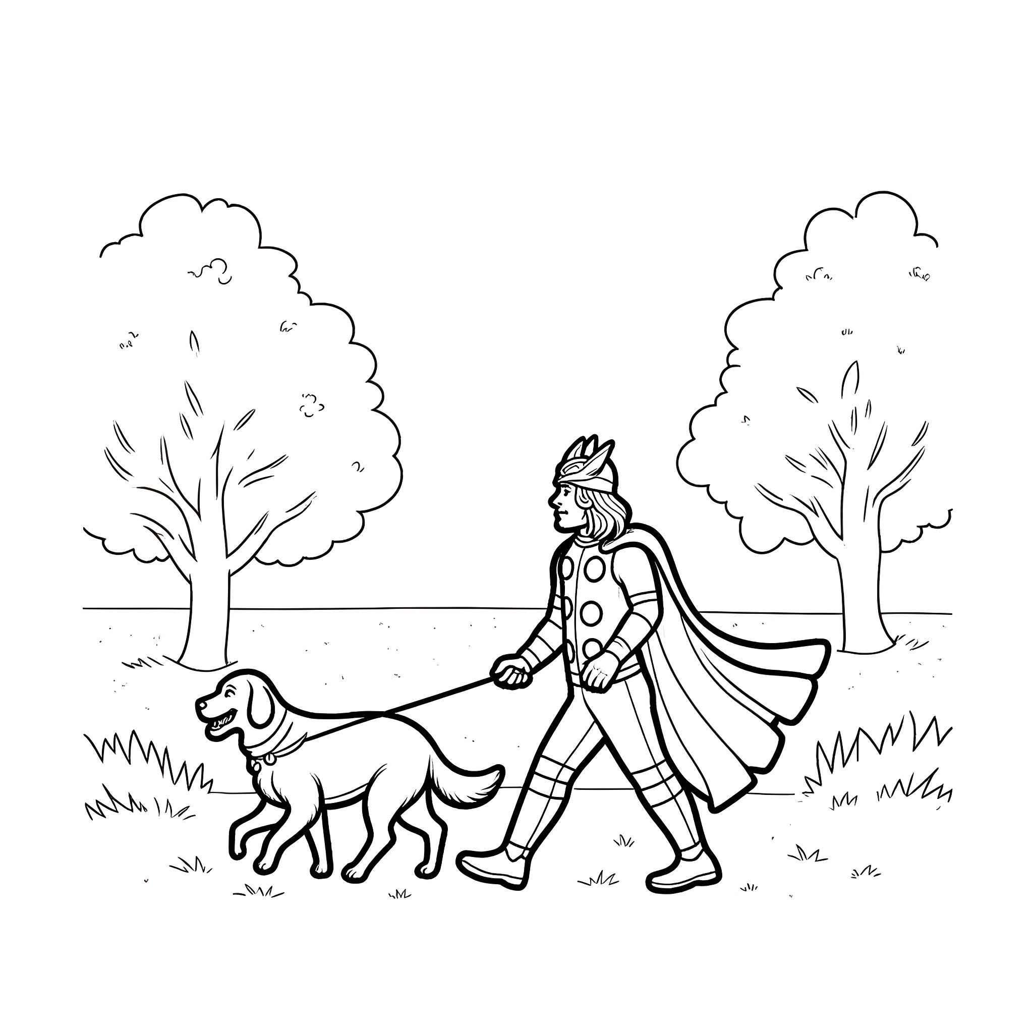 Thor walking his loyal dog in the forest Coloring Page (free black-and-white line drawing printable PDF for all, from beginners to advanced learners, including children, teens, adults, and seniors)