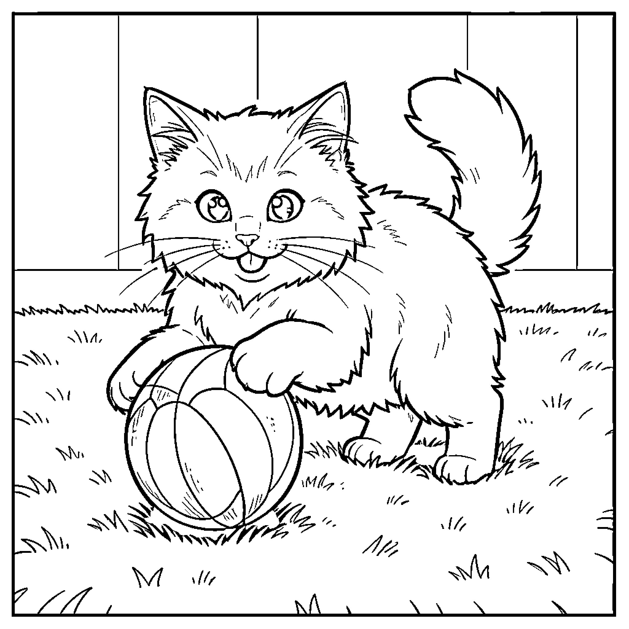 Cat Playing with Ball in Outdoor Scene Coloring Page (free black-and-white line drawing printable PDF for all, from beginners to advanced learners, including children, teens, adults, and seniors)