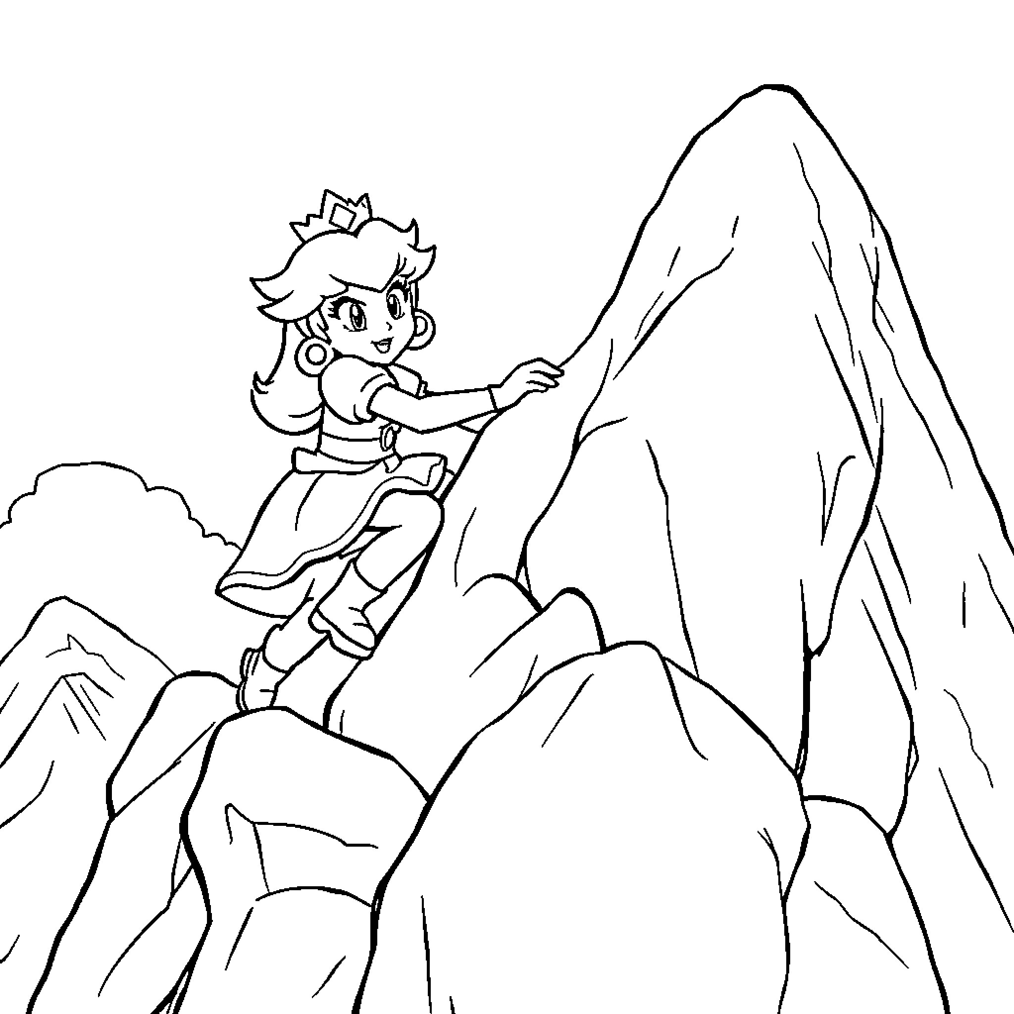 Princess exploring the mountain landscape Coloring Page (free black-and-white line drawing printable PDF for all, from beginners to advanced learners, including children, teens, adults, and seniors)