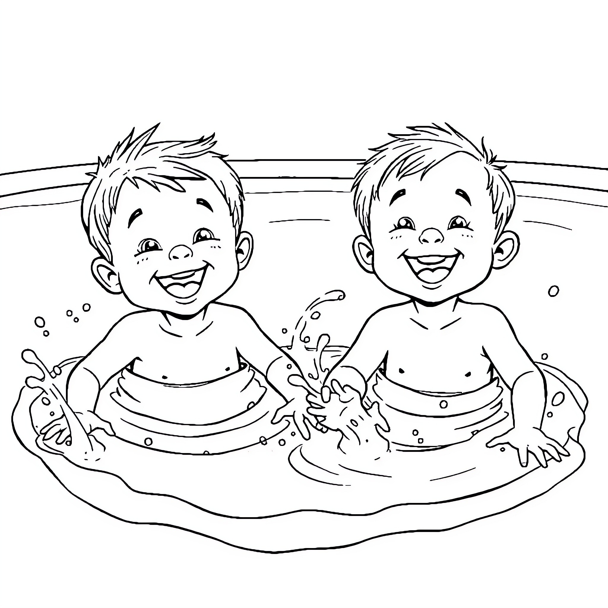 Boys playing happily in the pool Coloring Page (free black-and-white line drawing printable PDF for all, from beginners to advanced learners, including children, teens, adults, and seniors)