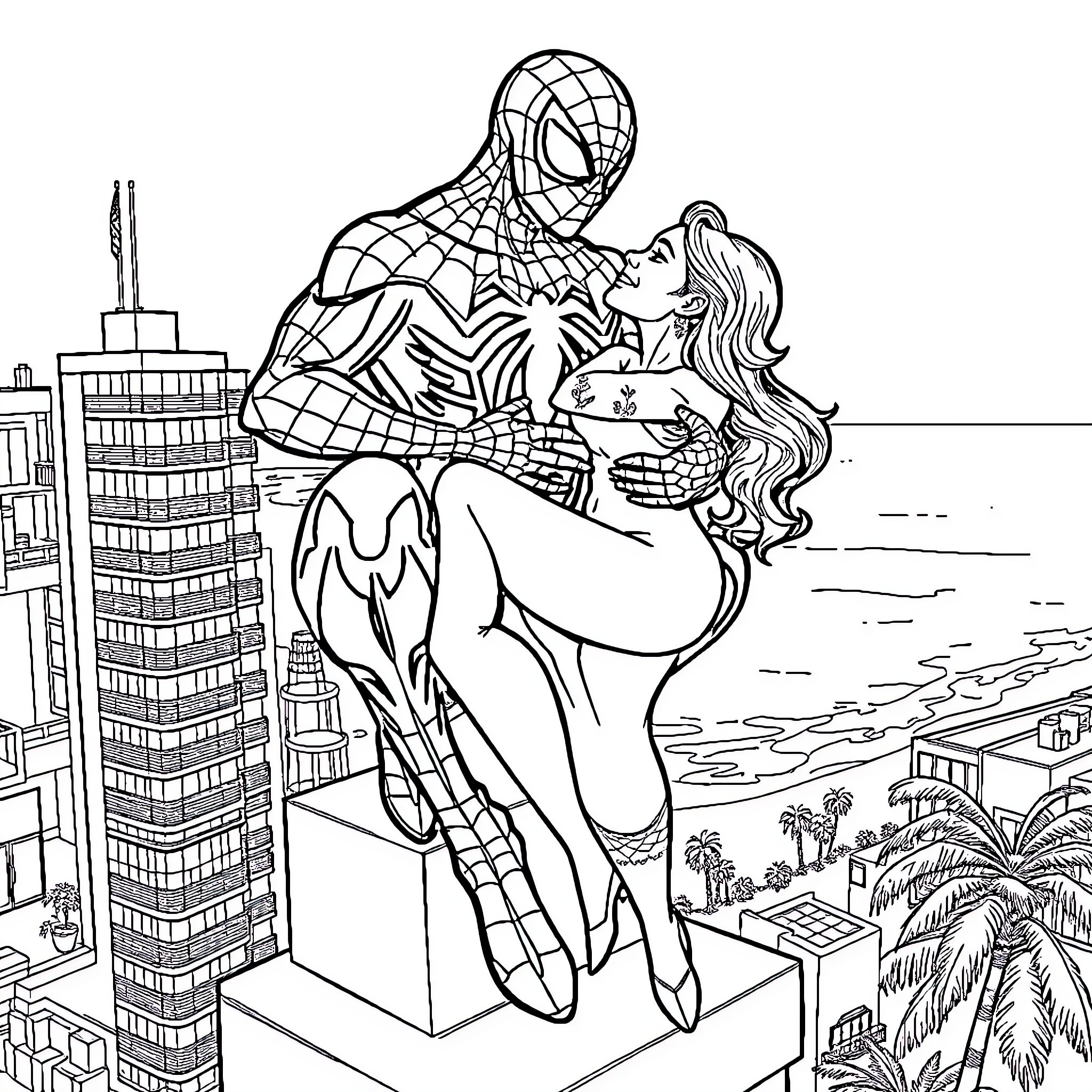 Spider-Man embracing a woman on city rooftop Coloring Page (free black-and-white line drawing printable PDF for all, from beginners to advanced learners, including children, teens, adults, and seniors)