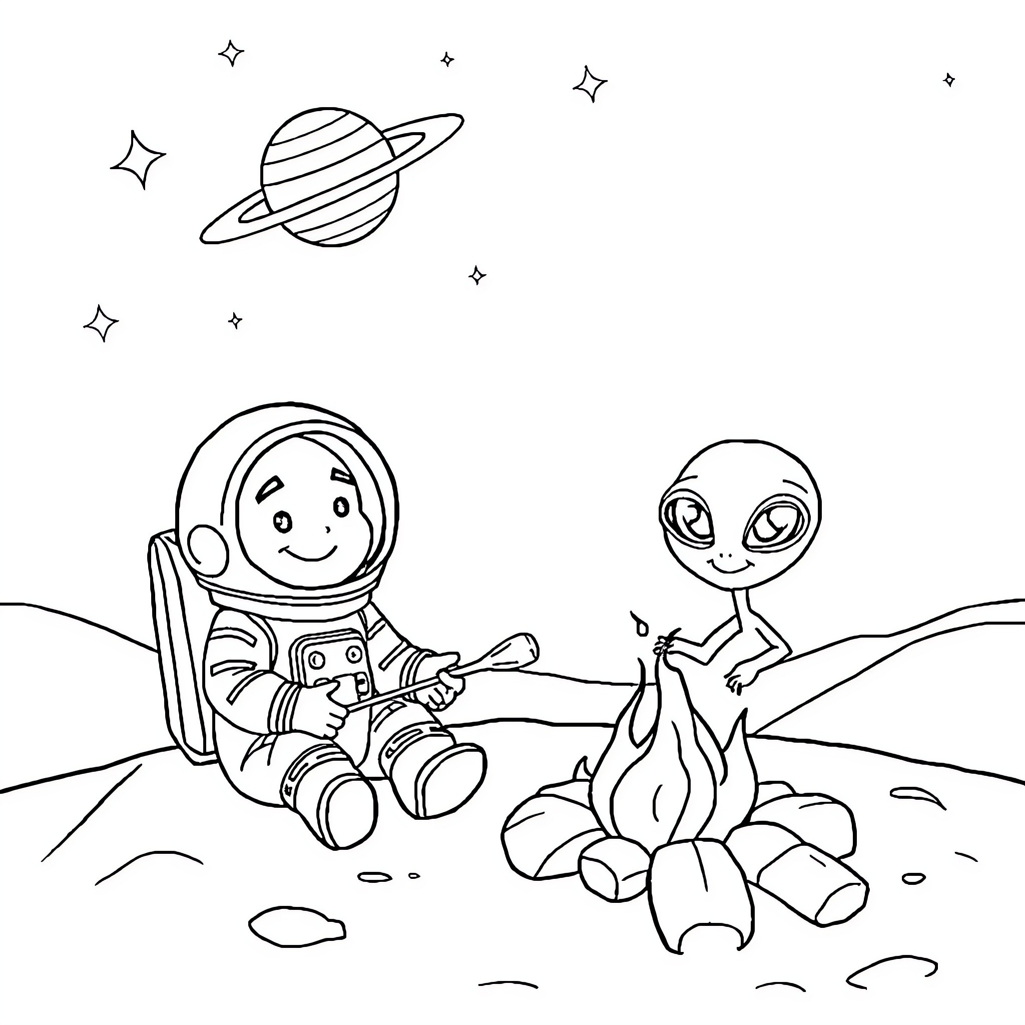 Astronaut interacting with friendly alien on alien planet Coloring Page (free black-and-white line drawing printable PDF for all, from beginners to advanced learners, including children, teens, adults, and seniors)