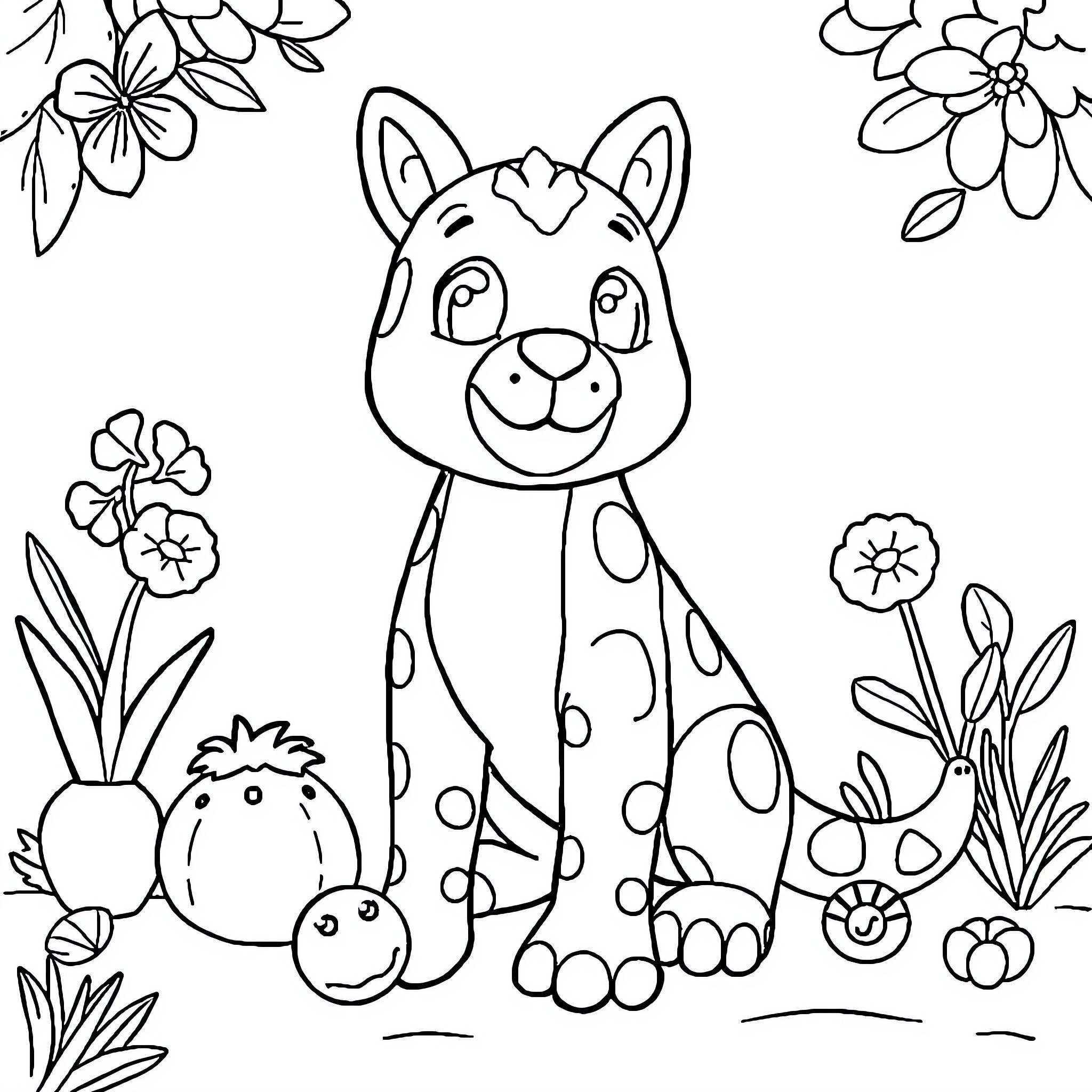 Animal with spotty friends in the garden Coloring Page (free black-and-white line drawing printable PDF for all, from beginners to advanced learners, including children, teens, adults, and seniors)