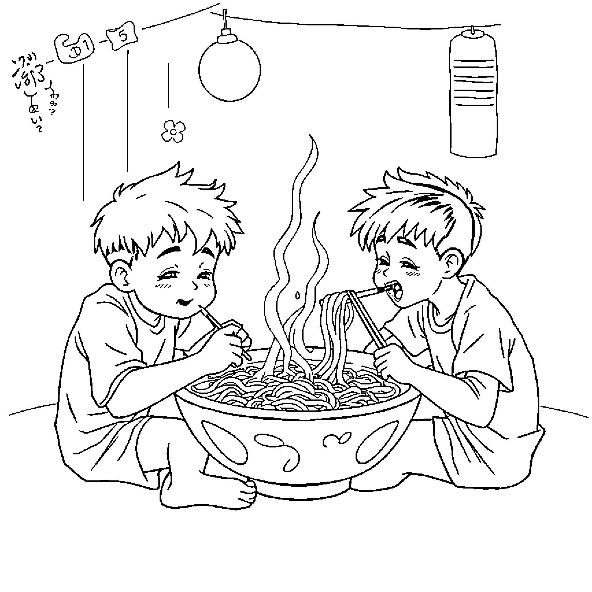 Boys enjoying a warm meal together Coloring Page (free black-and-white line drawing printable PDF for all, from beginners to advanced learners, including children, teens, adults, and seniors)