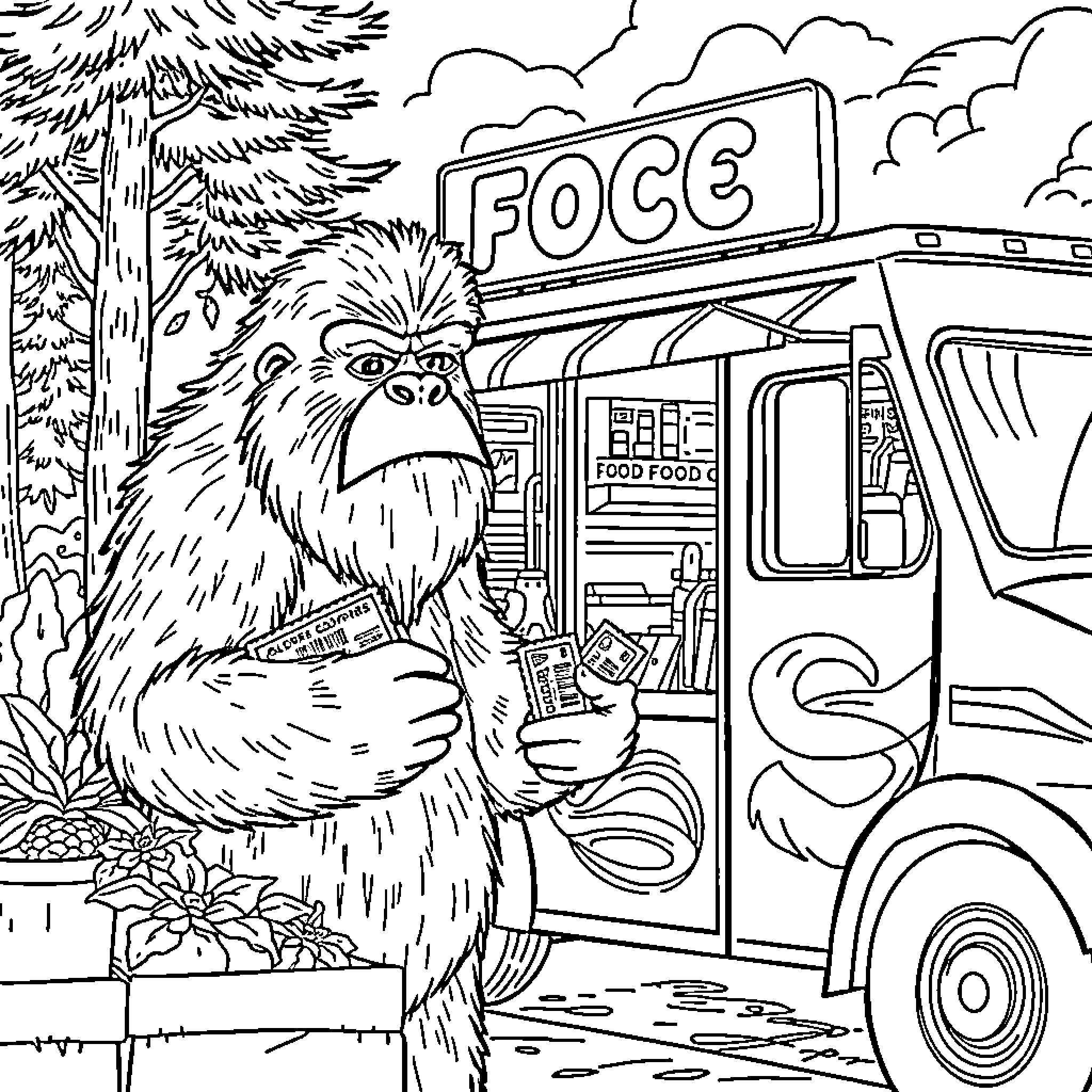Sasquatch purchasing snacks from a food truck Coloring Page (free black-and-white line drawing printable PDF for all, from beginners to advanced learners, including children, teens, adults, and seniors)