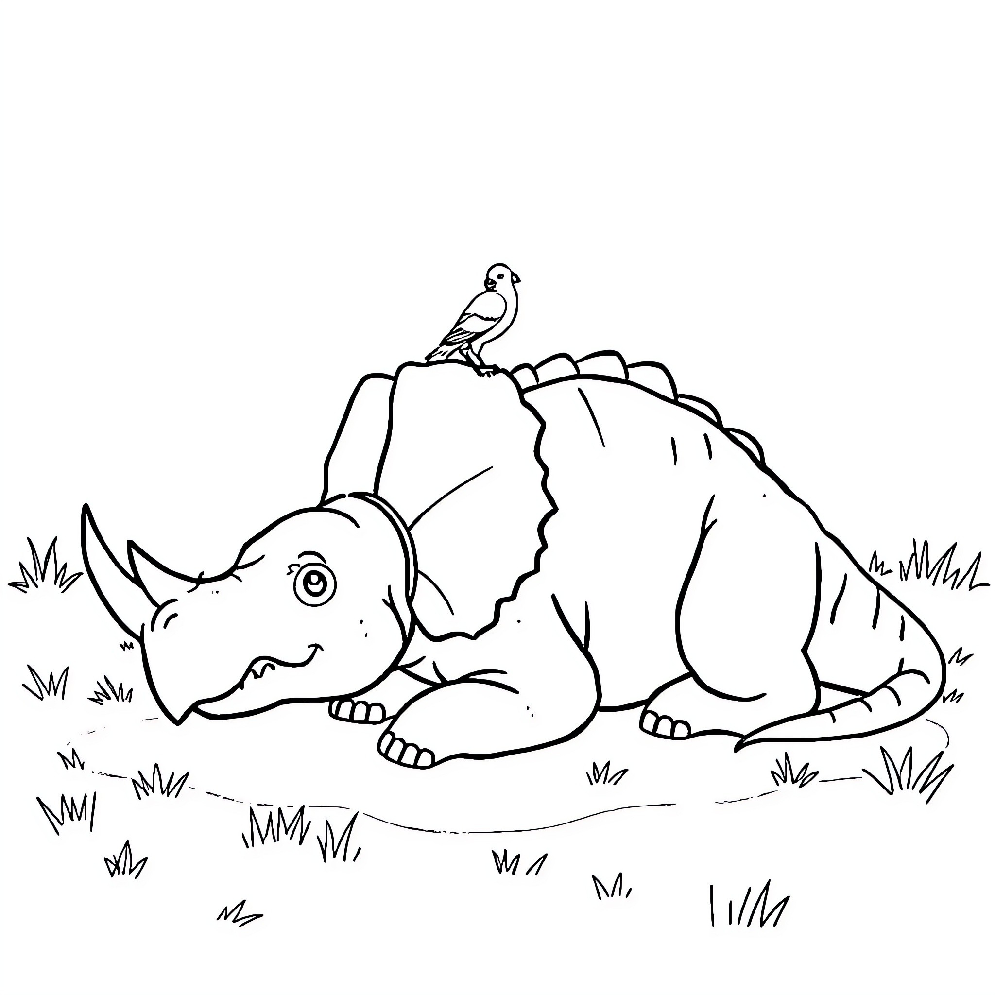 Triceratops resting in grassy field with bird Coloring Page (free black-and-white line drawing printable PDF for all, from beginners to advanced learners, including children, teens, adults, and seniors)