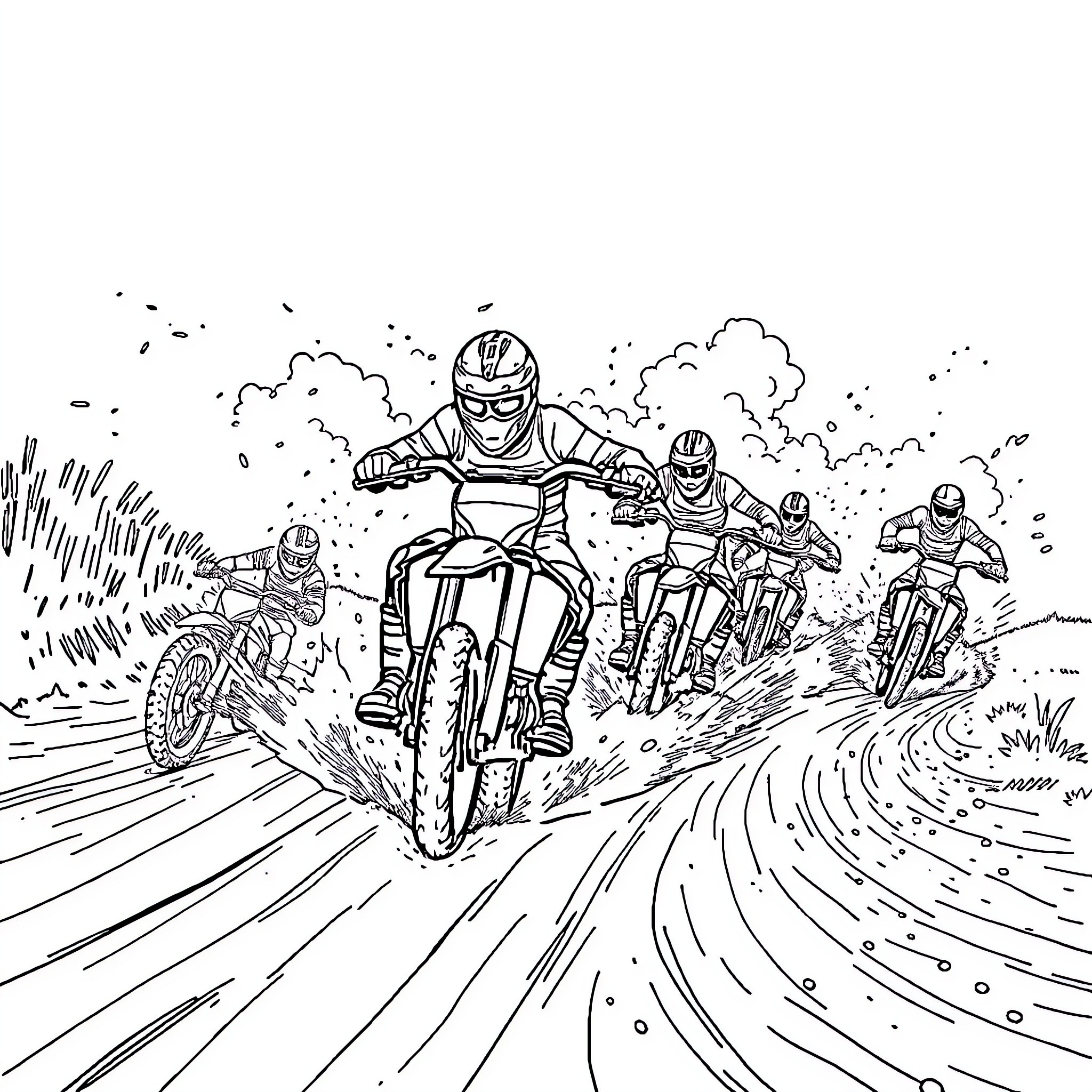 Moto Racers Speeding Through Dirt Track Coloring Page (free black-and-white line drawing printable PDF for all, from beginners to advanced learners, including children, teens, adults, and seniors)