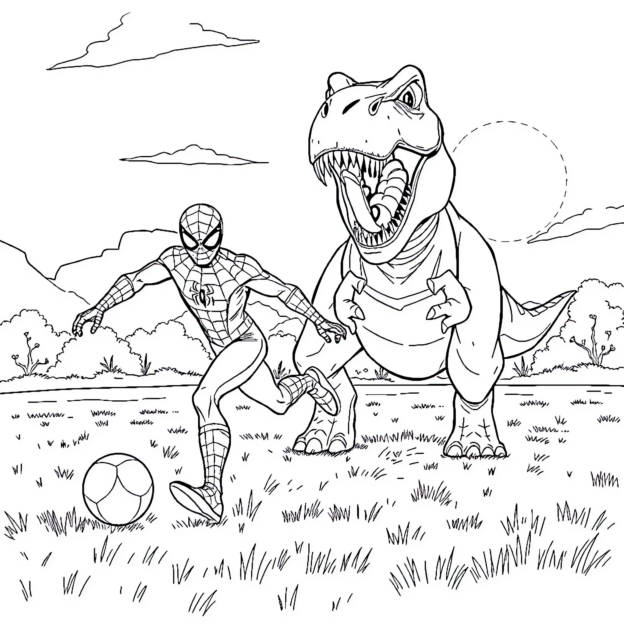 Spiderman facing off against a ferocious dinosaur Coloring Page (free black-and-white line drawing printable PDF for all, from beginners to advanced learners, including children, teens, adults, and seniors)