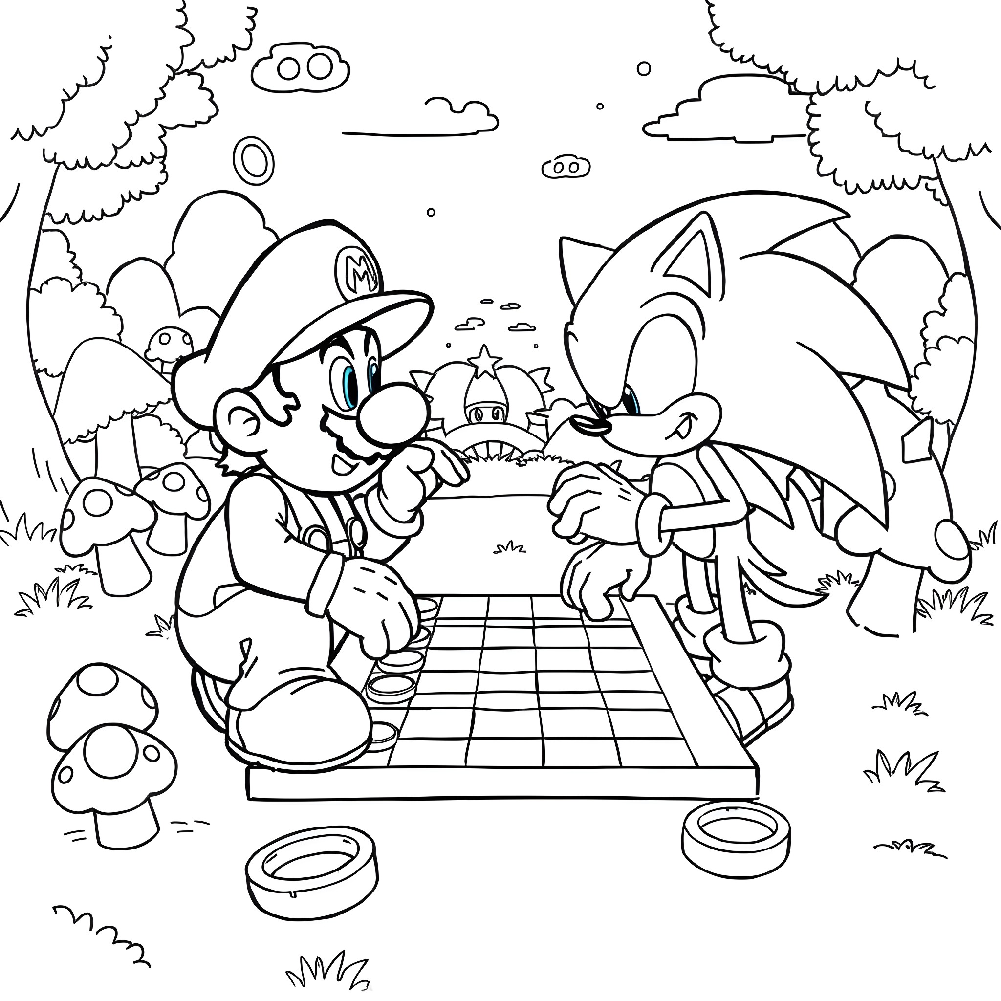 Mario and Sonic's Outdoor Adventure Coloring Page (free black-and-white line drawing printable PDF for all, from beginners to advanced learners, including children, teens, adults, and seniors)