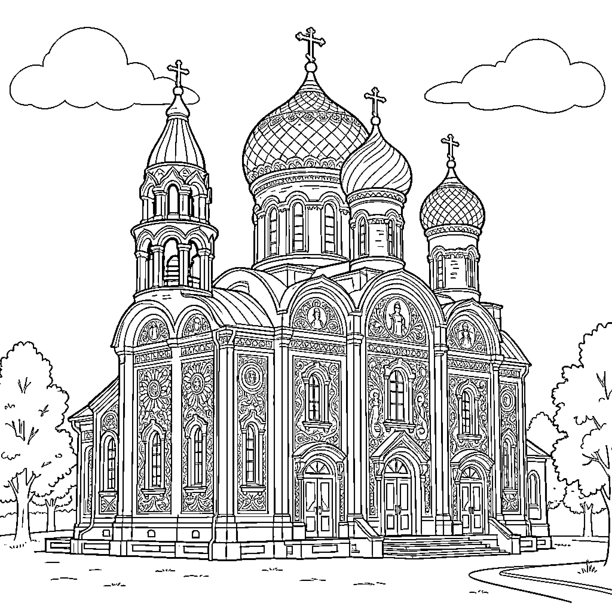 Orthodox Church with majestic domes and ornate architecture Coloring Page (free black-and-white line drawing printable PDF for all, from beginners to advanced learners, including children, teens, adults, and seniors)