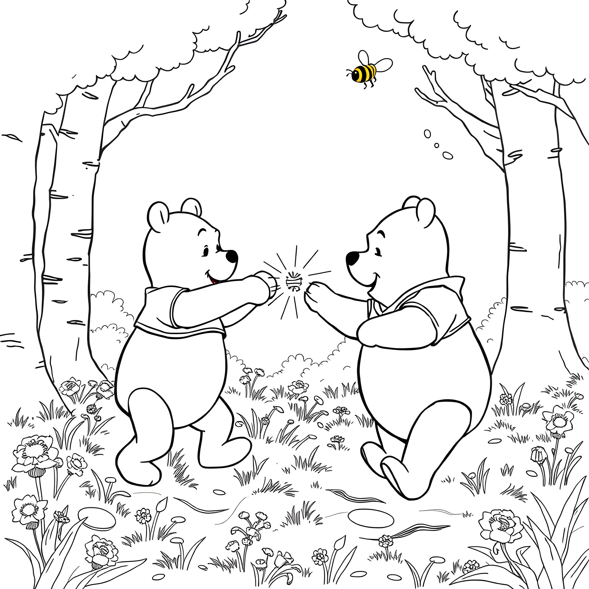 Bluey playing with friends in the forest Coloring Page (free black-and-white line drawing printable PDF for all, from beginners to advanced learners, including children, teens, adults, and seniors)