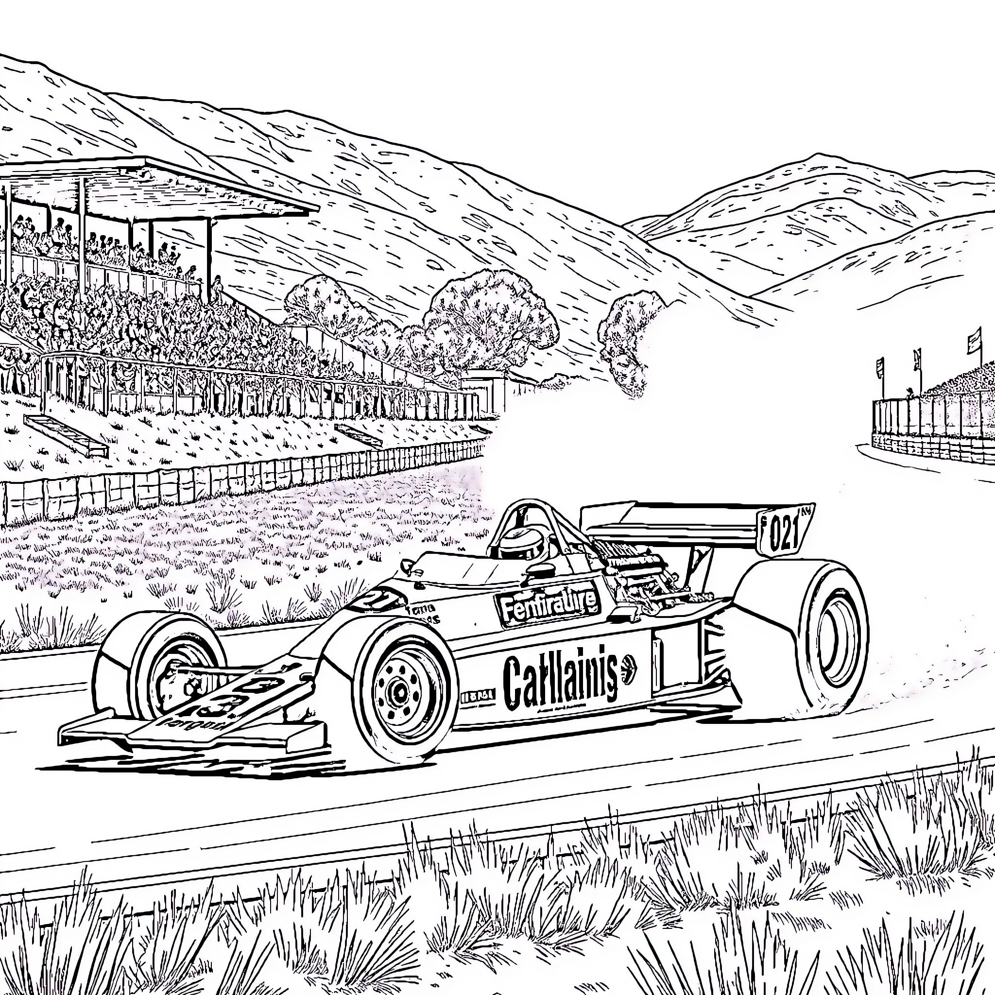 Formula 1 Car Racing on Winding Mountain Track Coloring Page (free black-and-white line drawing printable PDF for all, from beginners to advanced learners, including children, teens, adults, and seniors)