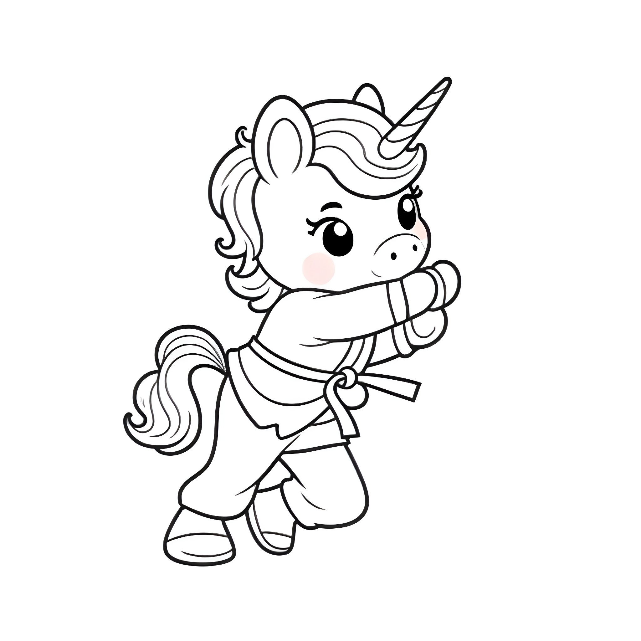 Unicorn Practicing Martial Arts Coloring Page (free black-and-white line drawing printable PDF for all, from beginners to advanced learners, including children, teens, adults, and seniors)