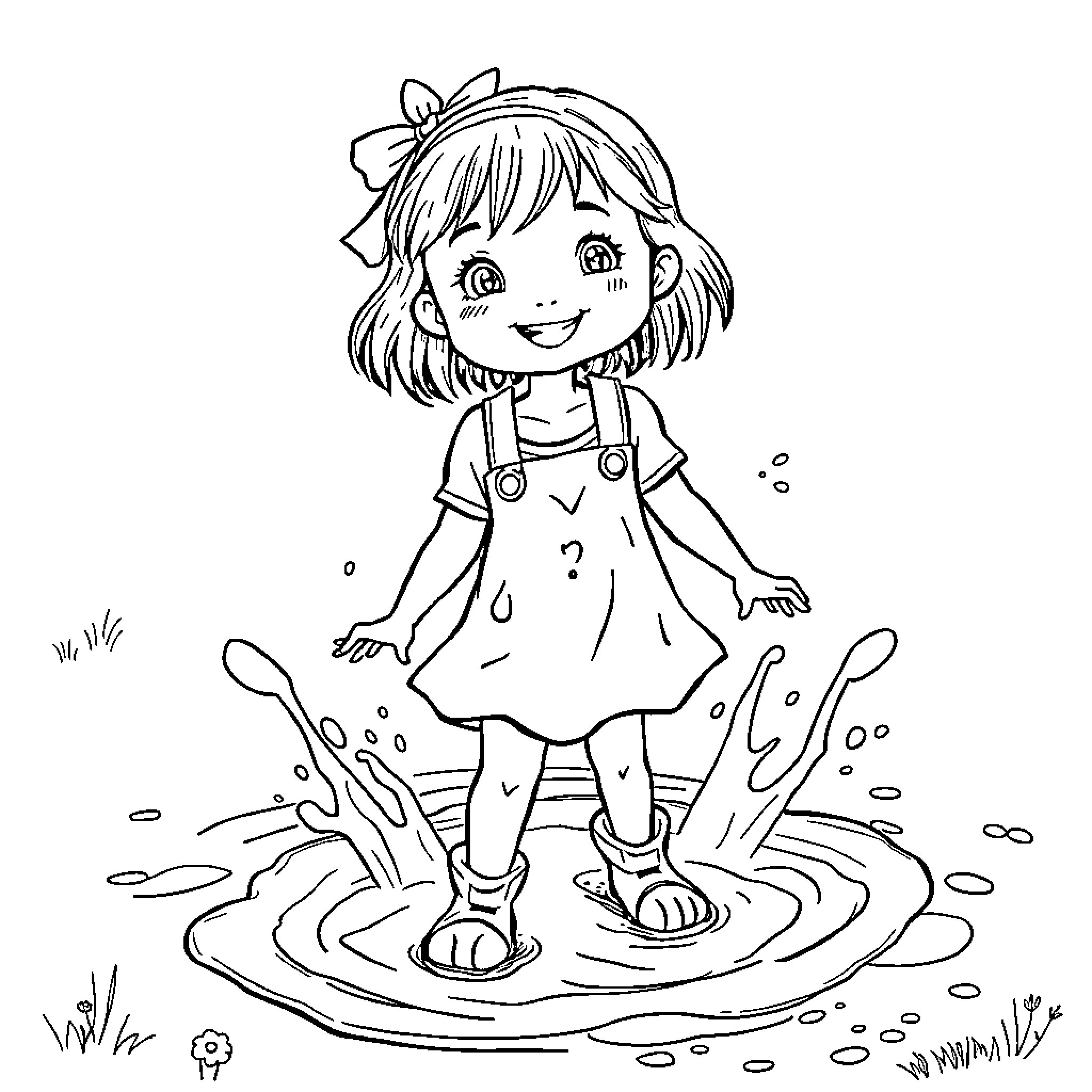 Girl playing in puddles happily Coloring Page (free black-and-white line drawing printable PDF for all, from beginners to advanced learners, including children, teens, adults, and seniors)