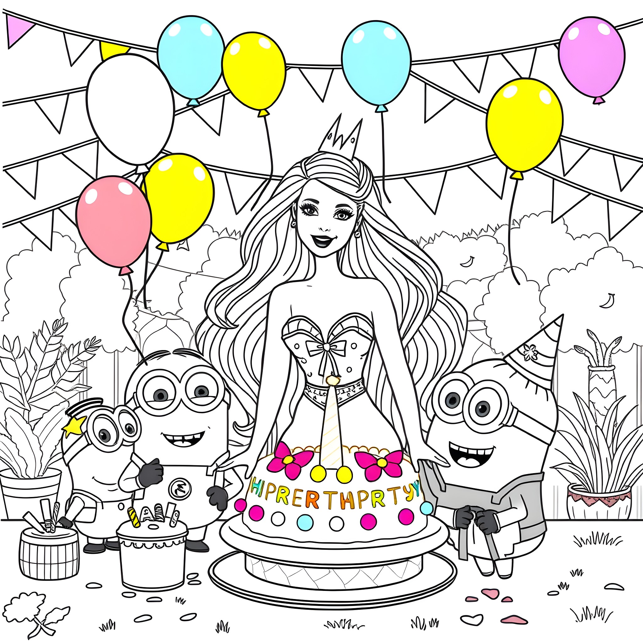 Barbie celebrating birthday party with minions Coloring Page (free black-and-white line drawing printable PDF for all, from beginners to advanced learners, including children, teens, adults, and seniors)