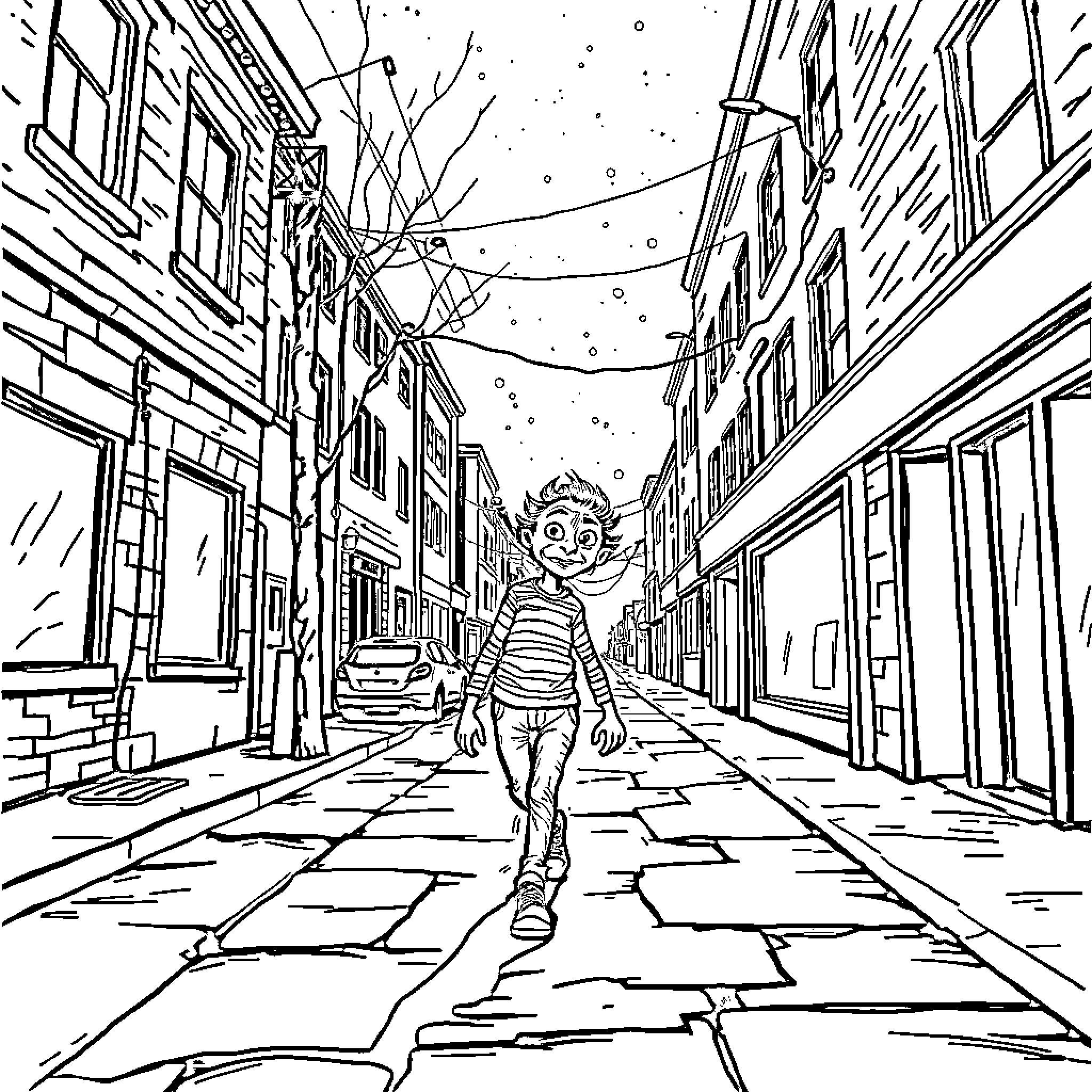Eraserhead - Surreal city street scene with mysterious figure Coloring Page (free black-and-white line drawing printable PDF for all, from beginners to advanced learners, including children, teens, adults, and seniors)