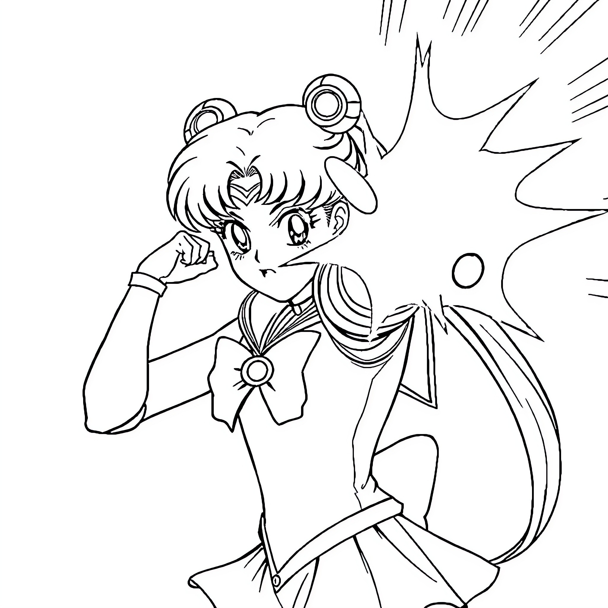 Sailor Moon Anime Character in Action Pose Coloring Page (free black-and-white line drawing printable PDF for all, from beginners to advanced learners, including children, teens, adults, and seniors)