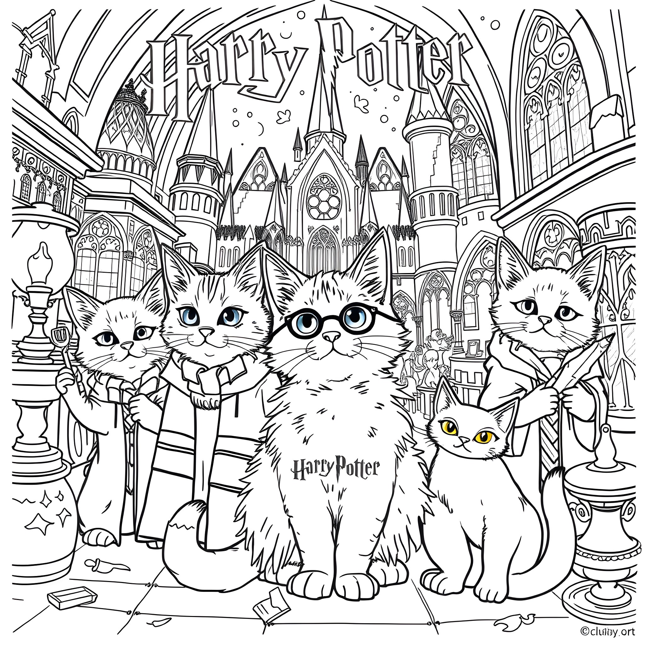 Harry Potter Cat Friends in Magical School Scene Coloring Page (free black-and-white line drawing printable PDF for all, from beginners to advanced learners, including children, teens, adults, and seniors)