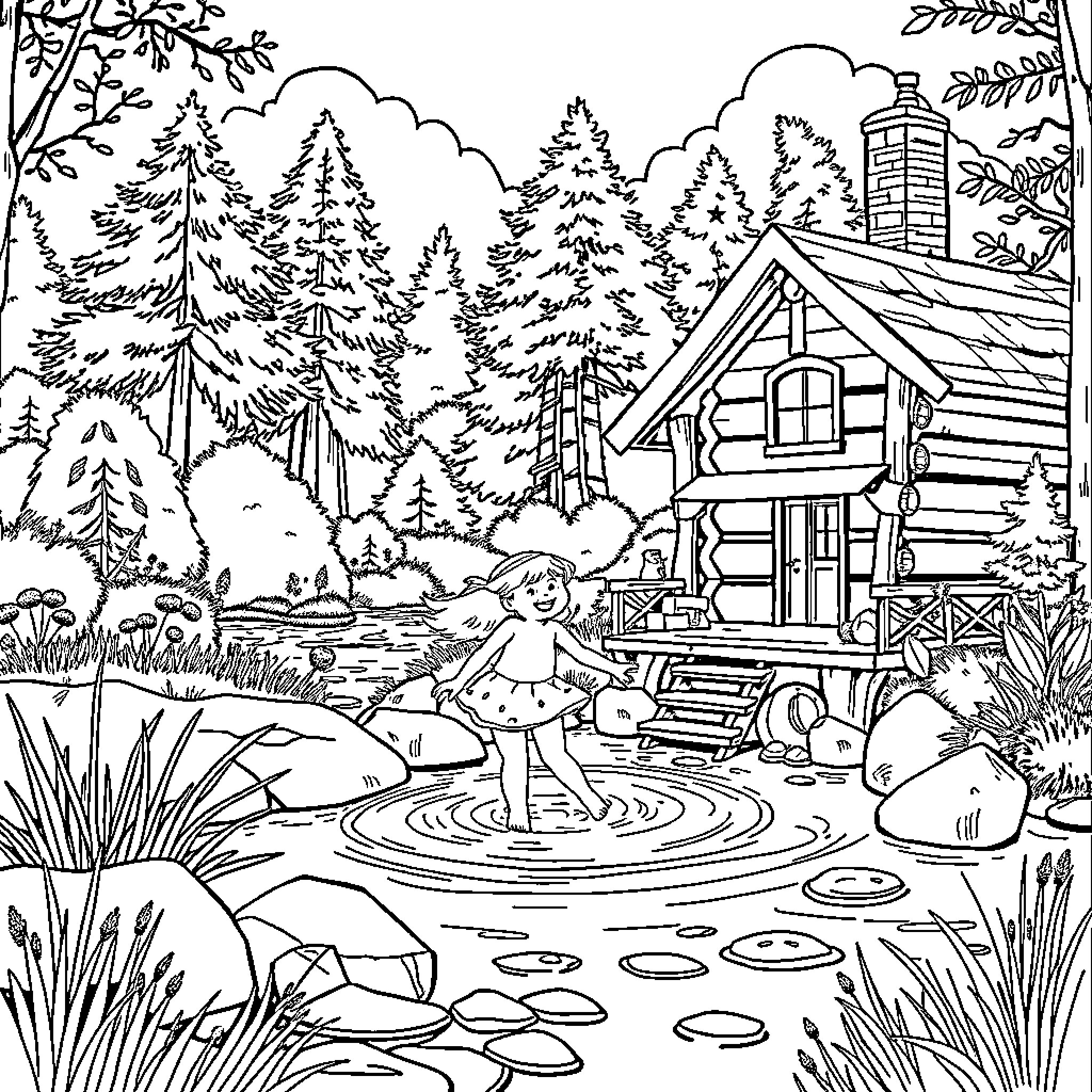 Fille enjoying summer by the cabin in the woods Coloring Page (free black-and-white line drawing printable PDF for all, from beginners to advanced learners, including children, teens, adults, and seniors)