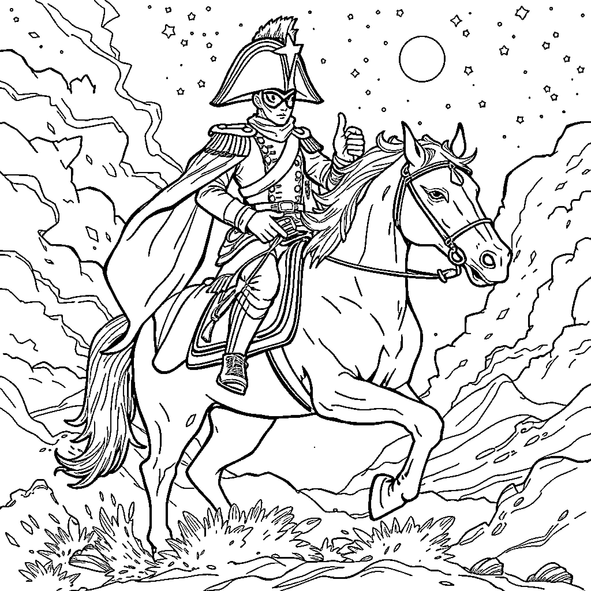 Martian Knight on Horseback in Cosmic Landscape Coloring Page (free black-and-white line drawing printable PDF for all, from beginners to advanced learners, including children, teens, adults, and seniors)
