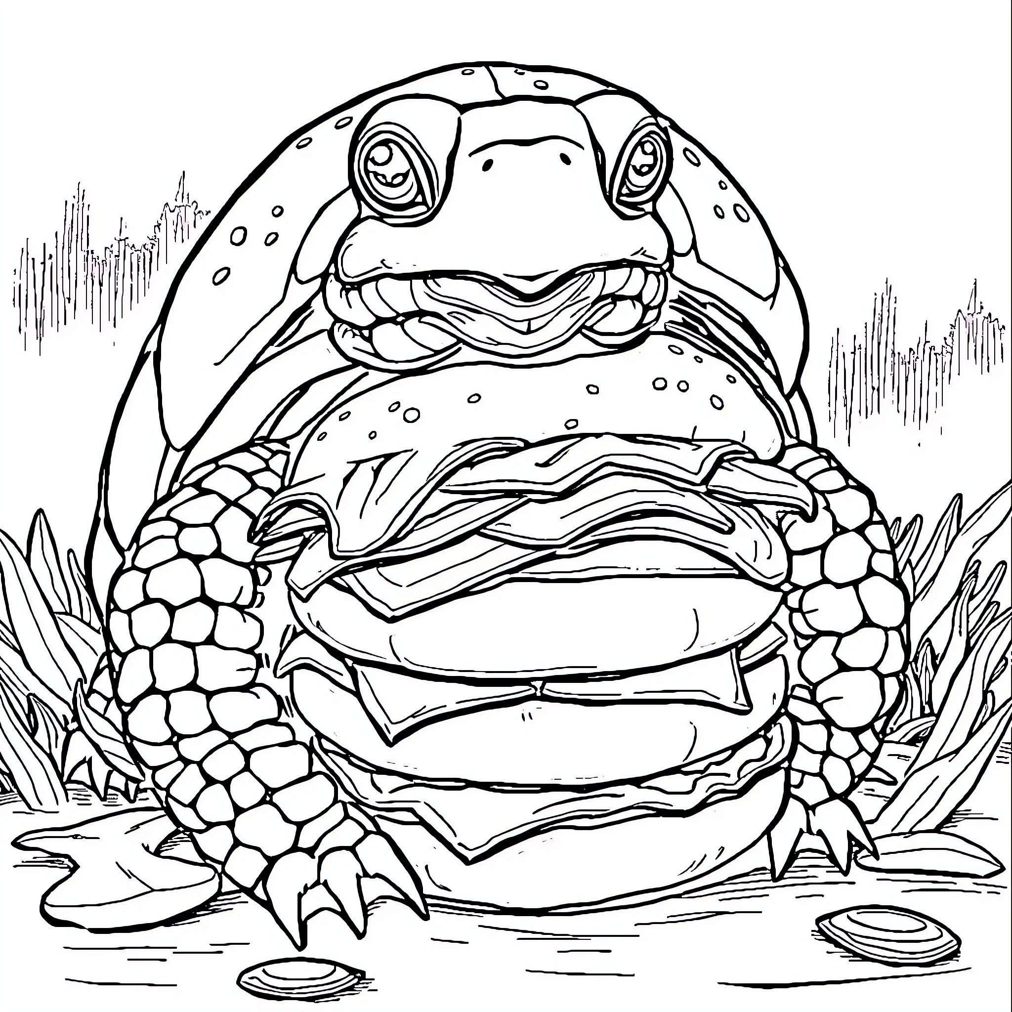 Carapace Creature in Aquatic Habitat Coloring Page (free black-and-white line drawing printable PDF for all, from beginners to advanced learners, including children, teens, adults, and seniors)