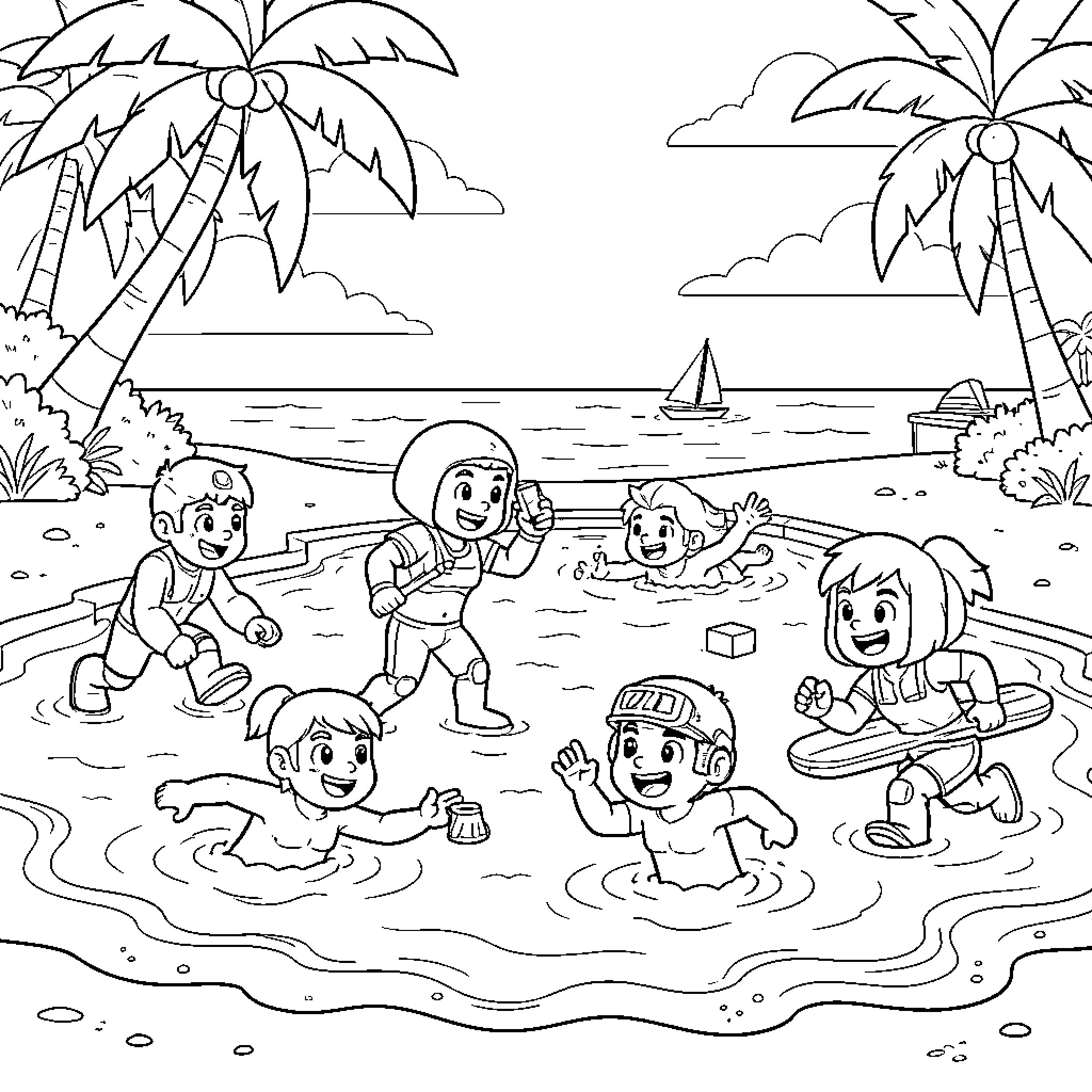 Video Game Characters playing joyfully at a tropical beach Coloring Page (free black-and-white line drawing printable PDF for all, from beginners to advanced learners, including children, teens, adults, and seniors)