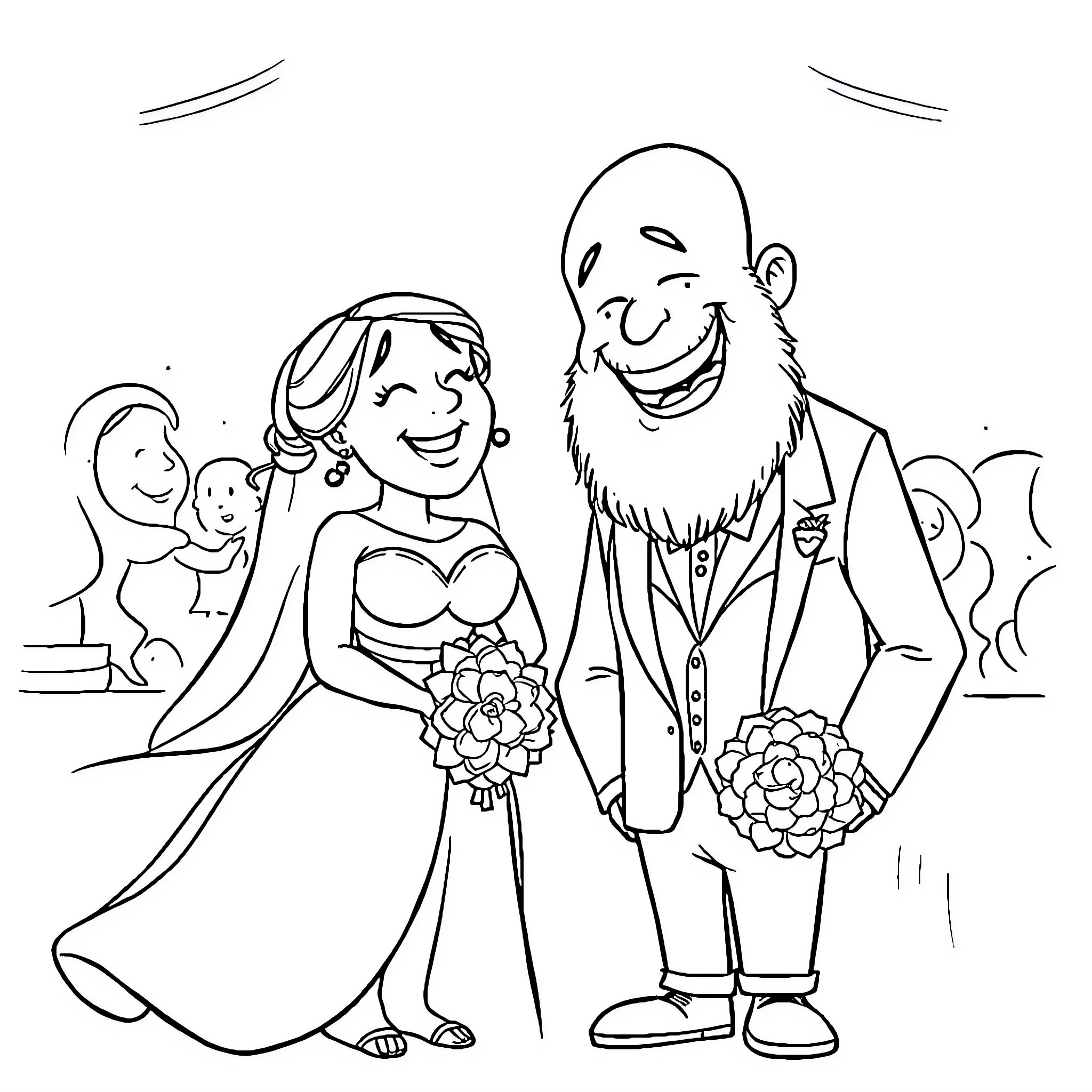 Bride and Groom's Joyful Wedding Celebration Coloring Page (free black-and-white line drawing printable PDF for all, from beginners to advanced learners, including children, teens, adults, and seniors)