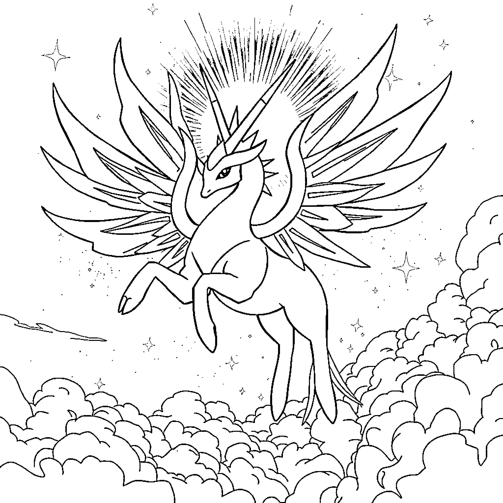 Arceus mythical creature soaring through the clouds Coloring Page (free black-and-white line drawing printable PDF for all, from beginners to advanced learners, including children, teens, adults, and seniors)