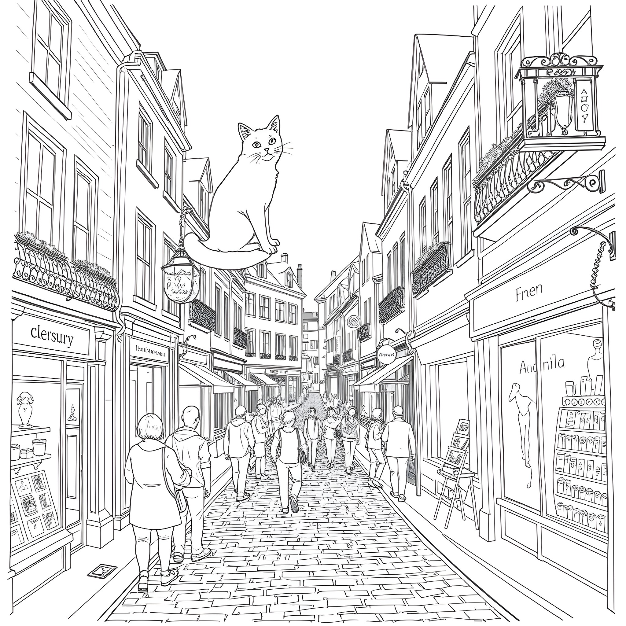 Cat on a Cobblestone Street Coloring Page (free black-and-white line drawing printable PDF for all, from beginners to advanced learners, including children, teens, adults, and seniors)