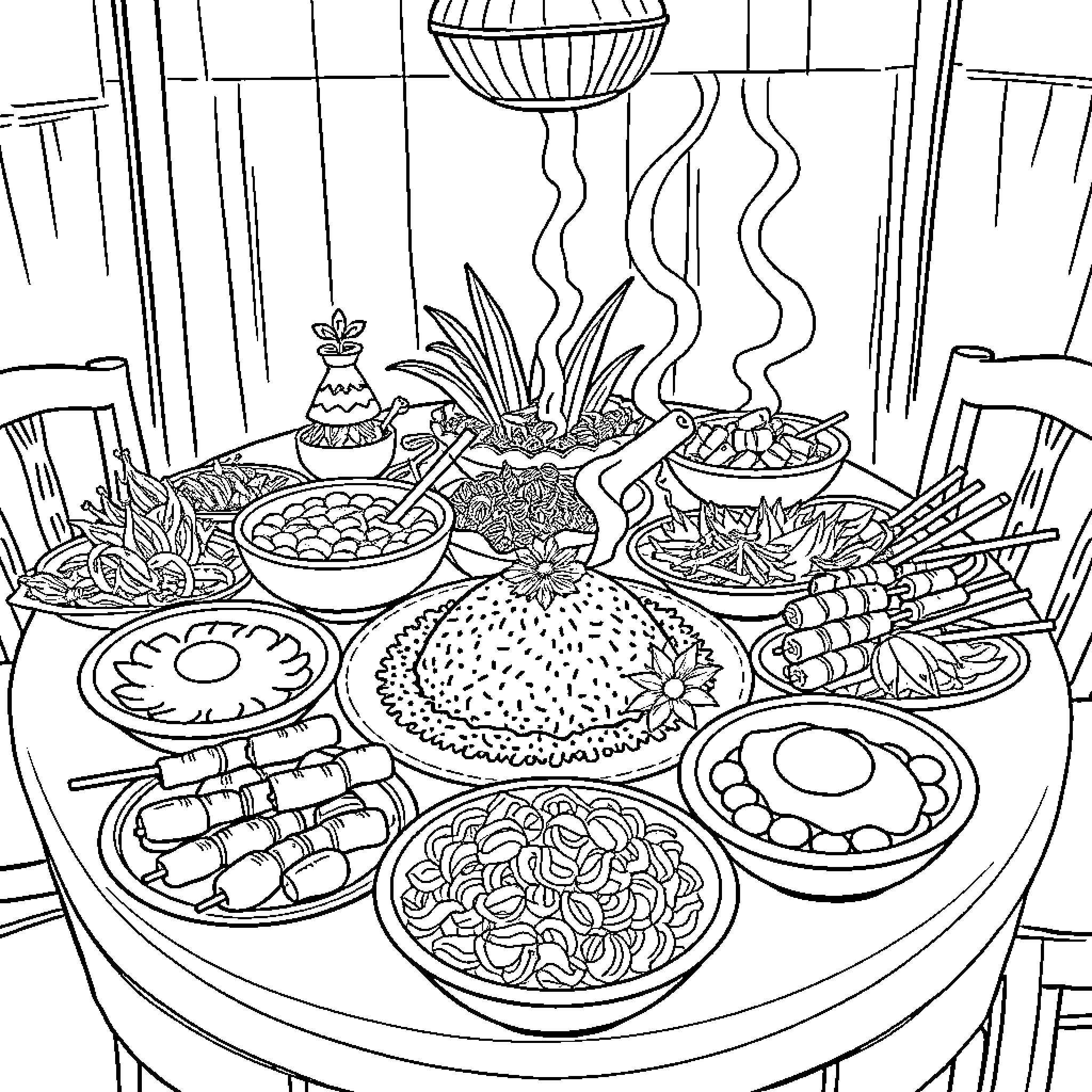 Food Spread on Dining Table with Varied Dishes Coloring Page (free black-and-white line drawing printable PDF for all, from beginners to advanced learners, including children, teens, adults, and seniors)
