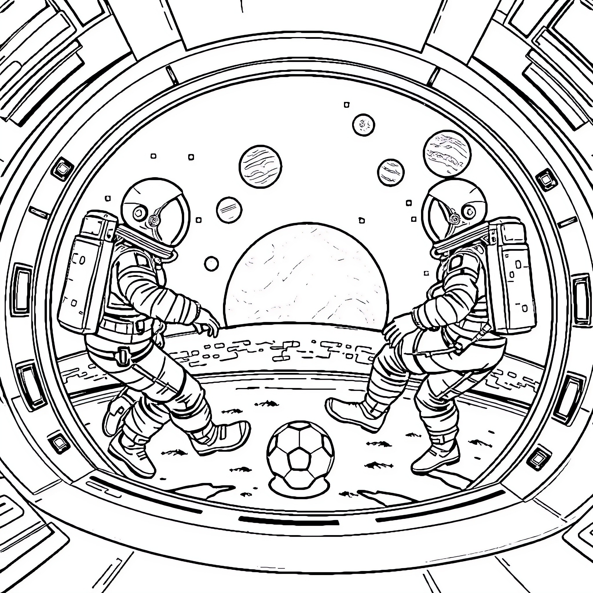Astronauts playing soccer in outer space Coloring Page (free black-and-white line drawing printable PDF for all, from beginners to advanced learners, including children, teens, adults, and seniors)