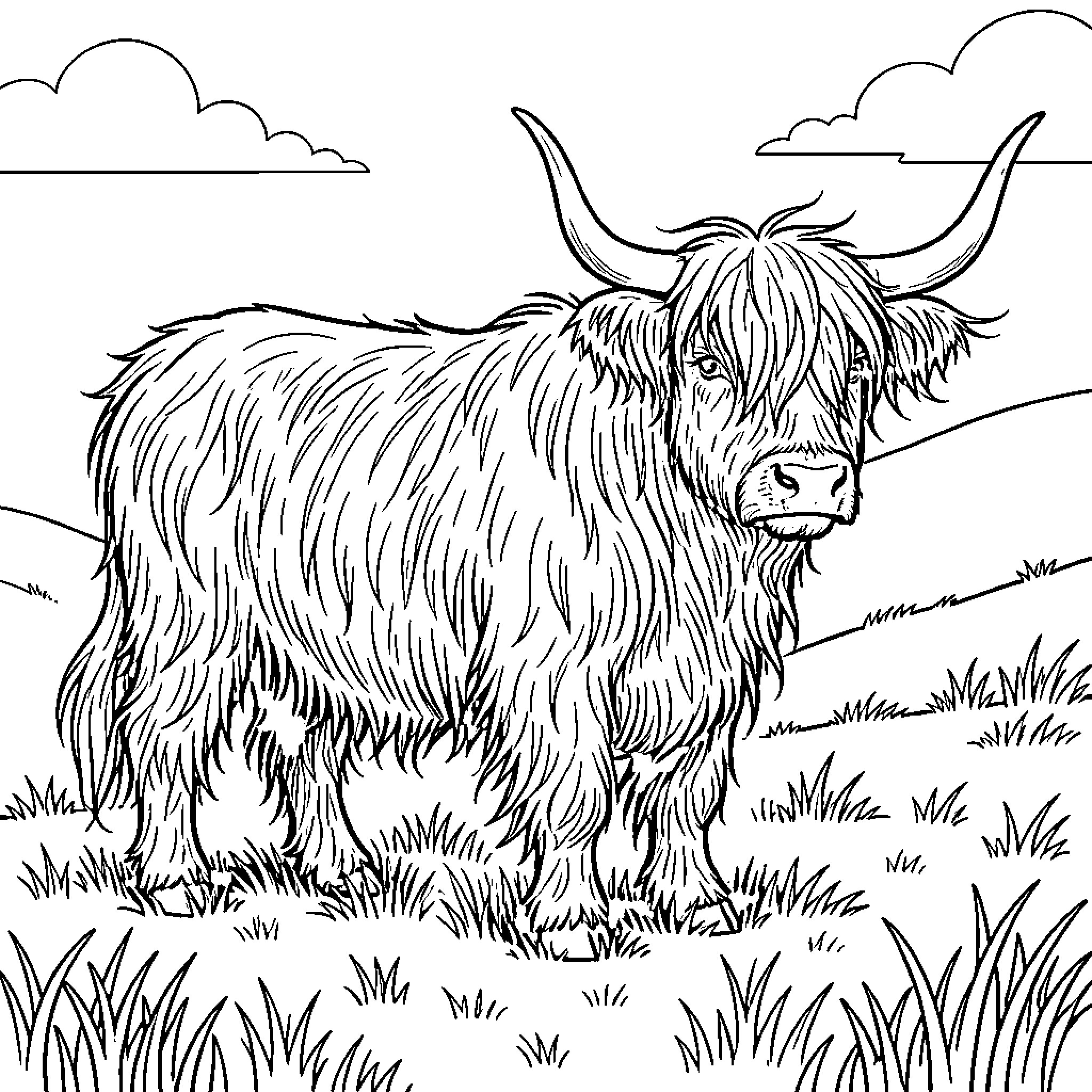 Highland Cow standing calmly in a grassy field Coloring Page (free black-and-white line drawing printable PDF for all, from beginners to advanced learners, including children, teens, adults, and seniors)