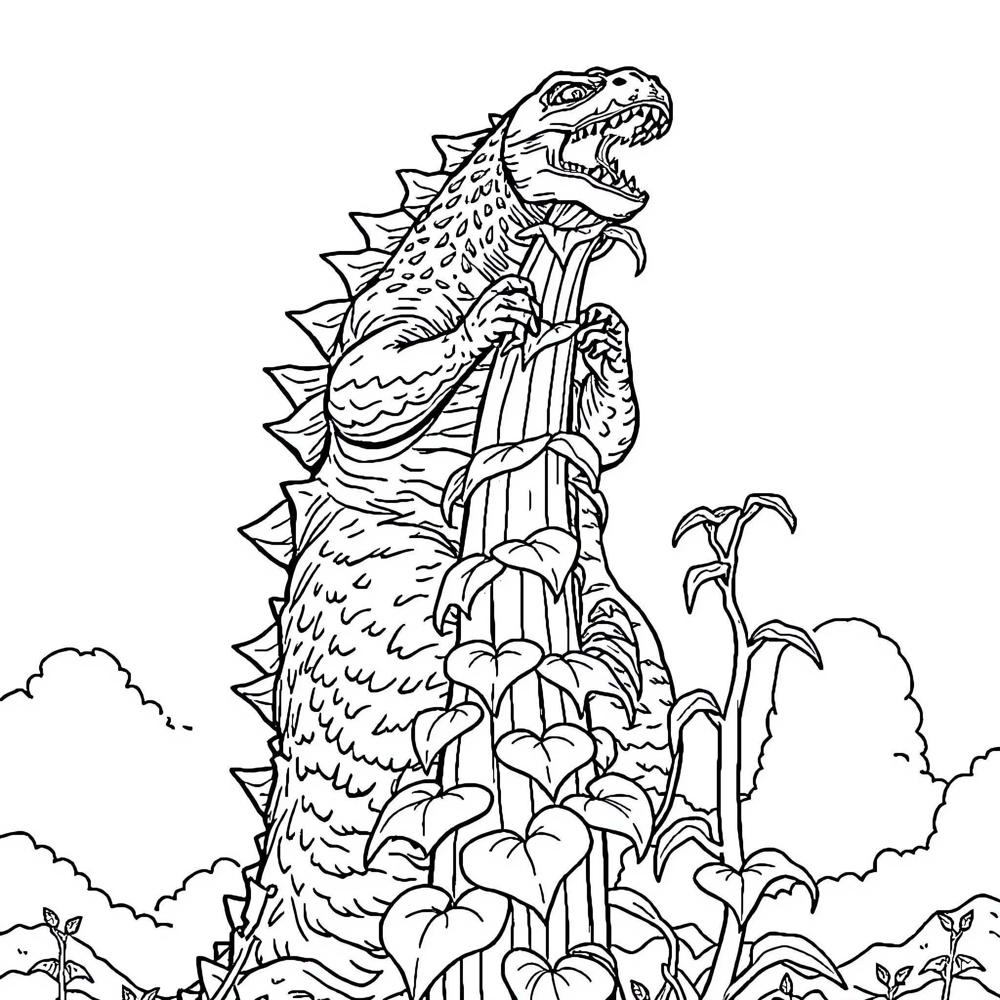 Godzilla rampaging through a lush jungle landscape Coloring Page (free black-and-white line drawing printable PDF for all, from beginners to advanced learners, including children, teens, adults, and seniors)