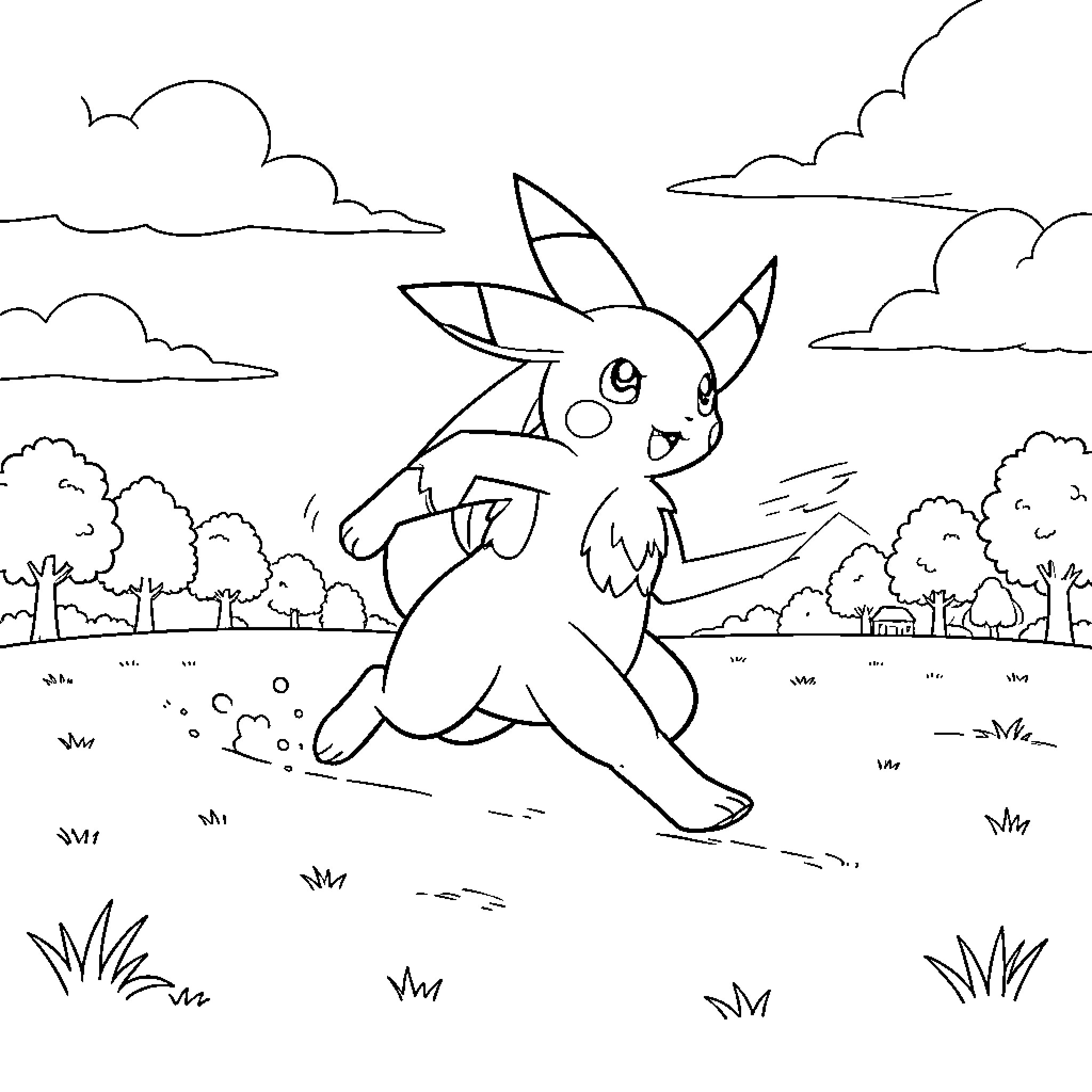 Arcanine running joyfully through a grassy field Coloring Page (free black-and-white line drawing printable PDF for all, from beginners to advanced learners, including children, teens, adults, and seniors)