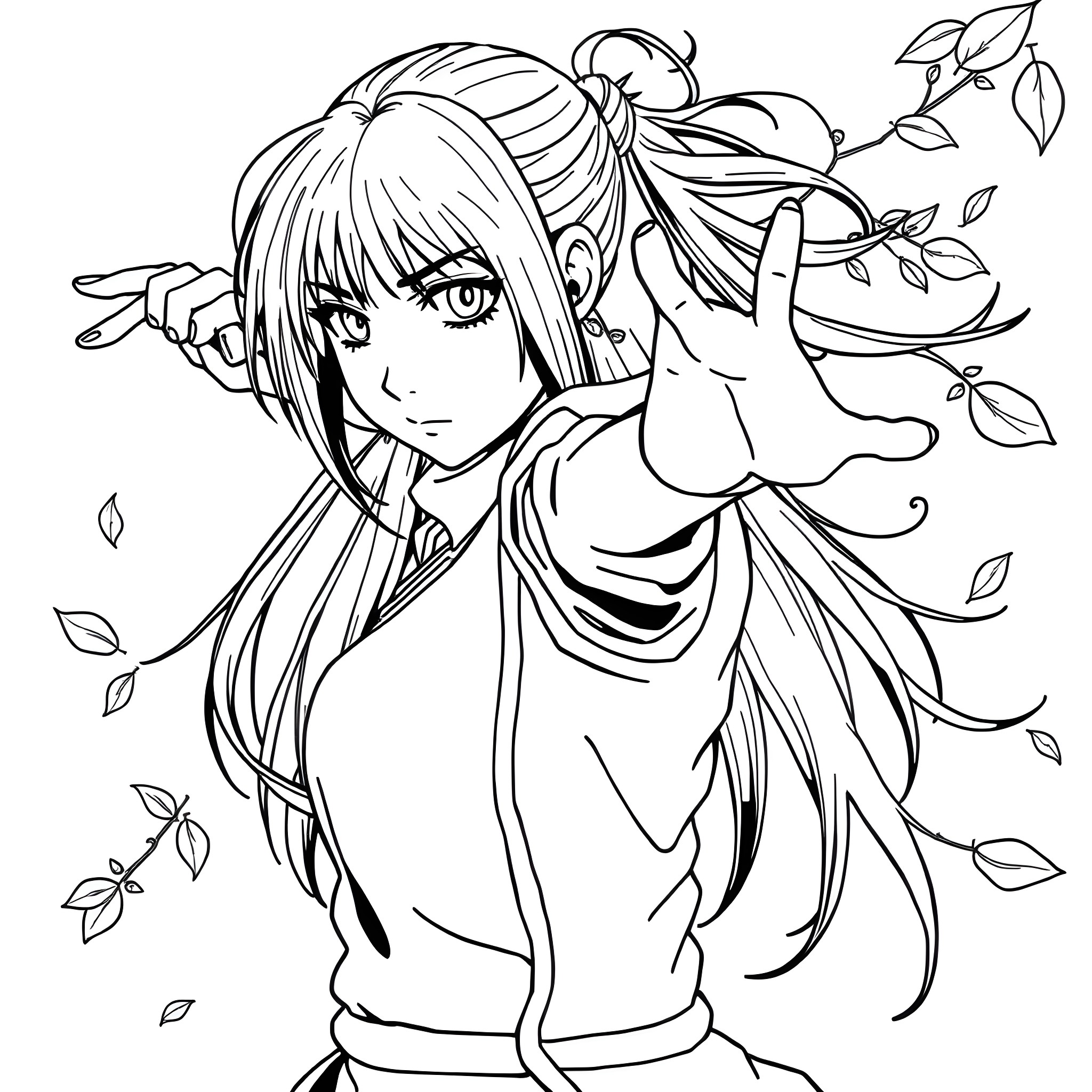 Hinata Hyuga's Serene Autumn Moment Coloring Page (free black-and-white line drawing printable PDF for all, from beginners to advanced learners, including children, teens, adults, and seniors)