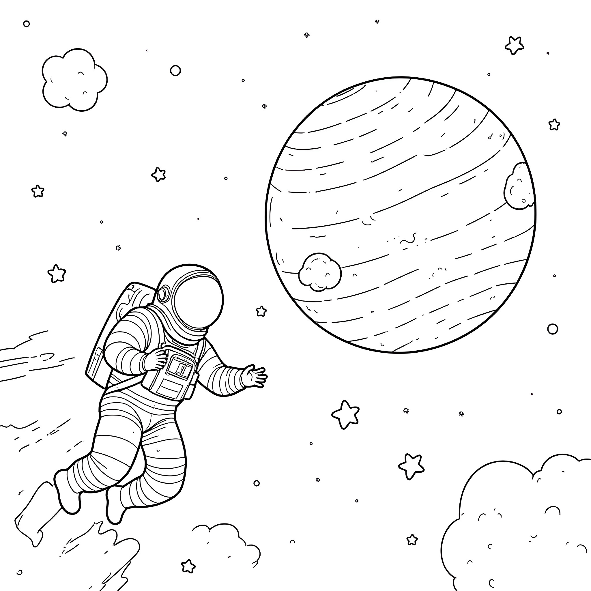 Astronaut exploring the vast space Coloring Page (free black-and-white line drawing printable PDF for all, from beginners to advanced learners, including children, teens, adults, and seniors)