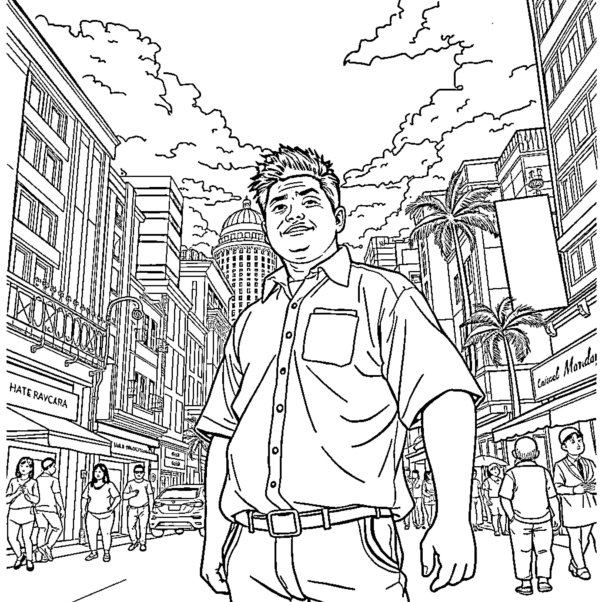 Tanjiro strolling through a bustling city scene Coloring Page (free black-and-white line drawing printable PDF for all, from beginners to advanced learners, including children, teens, adults, and seniors)
