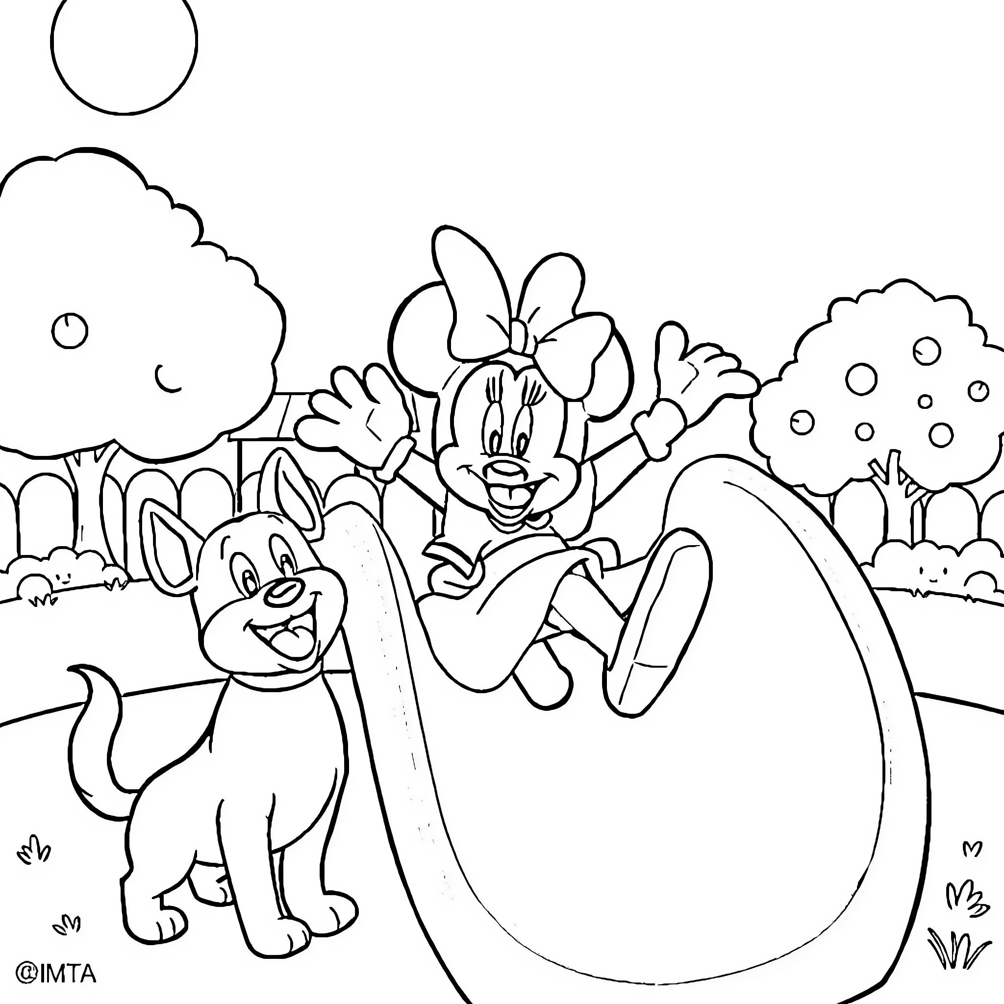 Minnie Mouse and her friends playing in the park Coloring Page (free black-and-white line drawing printable PDF for all, from beginners to advanced learners, including children, teens, adults, and seniors)