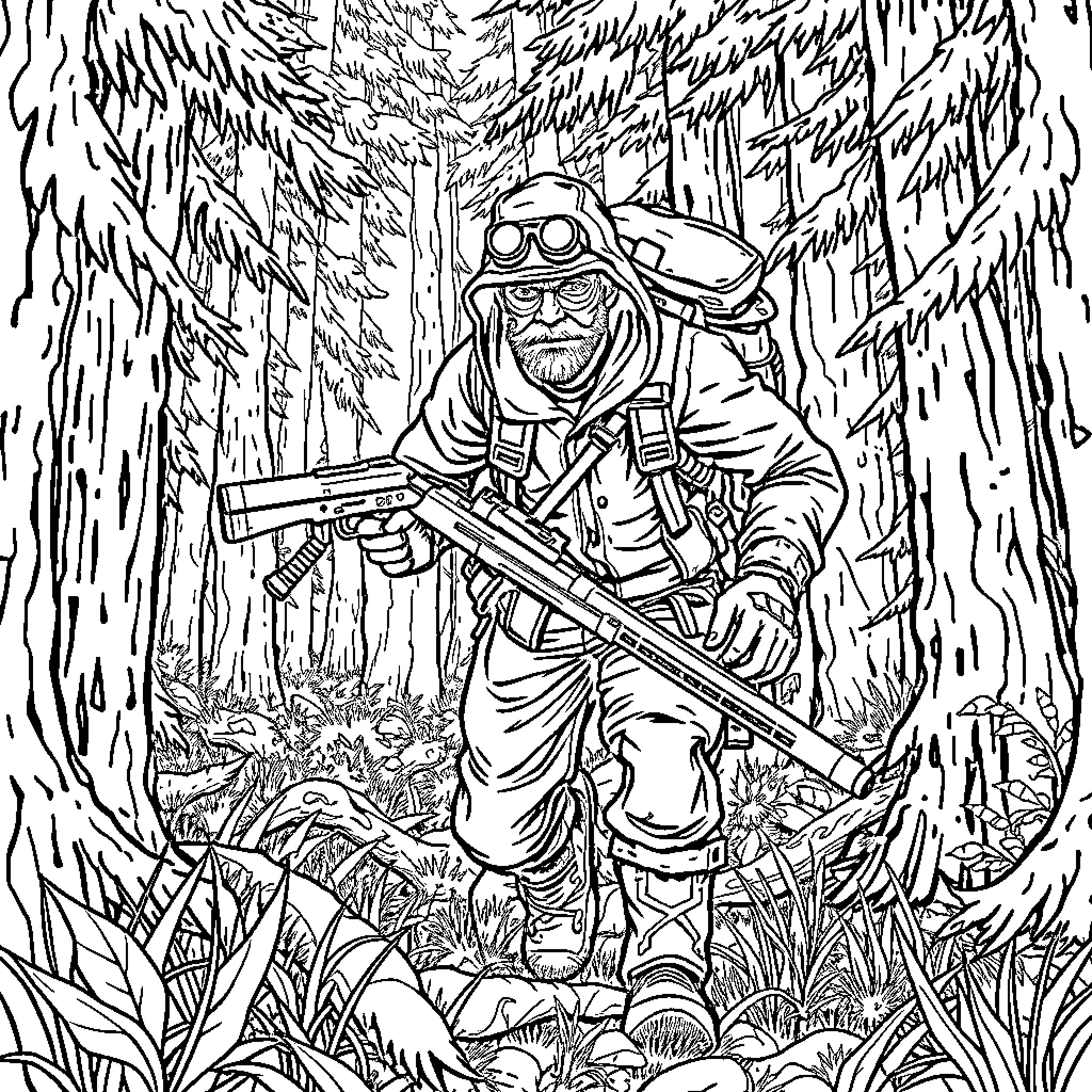 Hunt for Adventure in the Wilderness Coloring Page (free black-and-white line drawing printable PDF for all, from beginners to advanced learners, including children, teens, adults, and seniors)