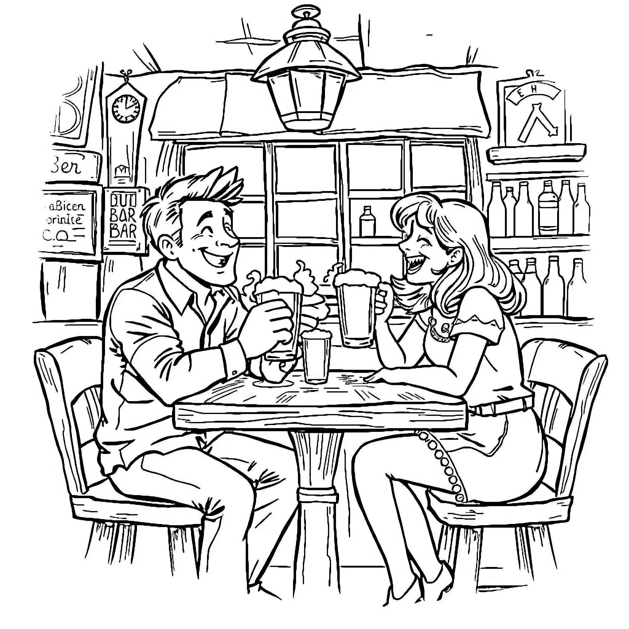 Johnny and Jill Enjoy a Friendly Chat at the Local Bar Coloring Page (free black-and-white line drawing printable PDF for all, from beginners to advanced learners, including children, teens, adults, and seniors)
