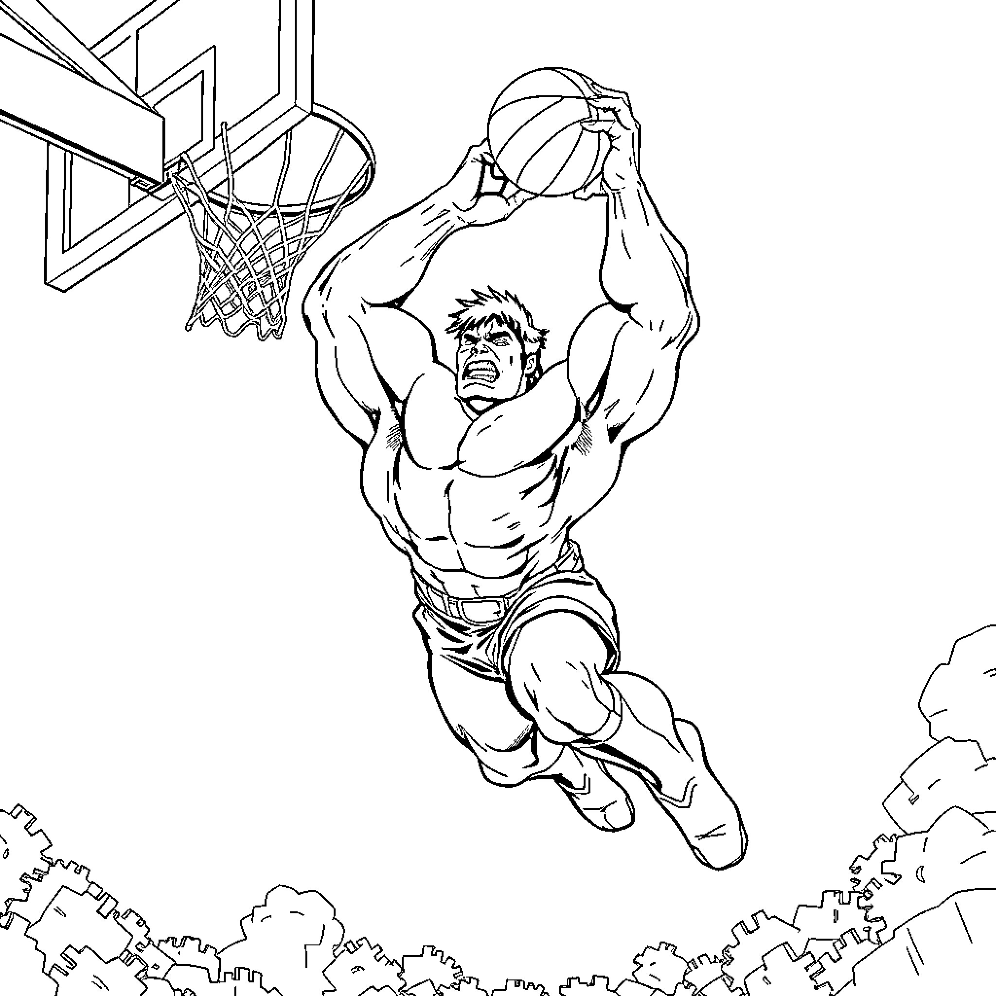 Hulk dunking basketball powerfully over cityscape Coloring Page (free black-and-white line drawing printable PDF for all, from beginners to advanced learners, including children, teens, adults, and seniors)