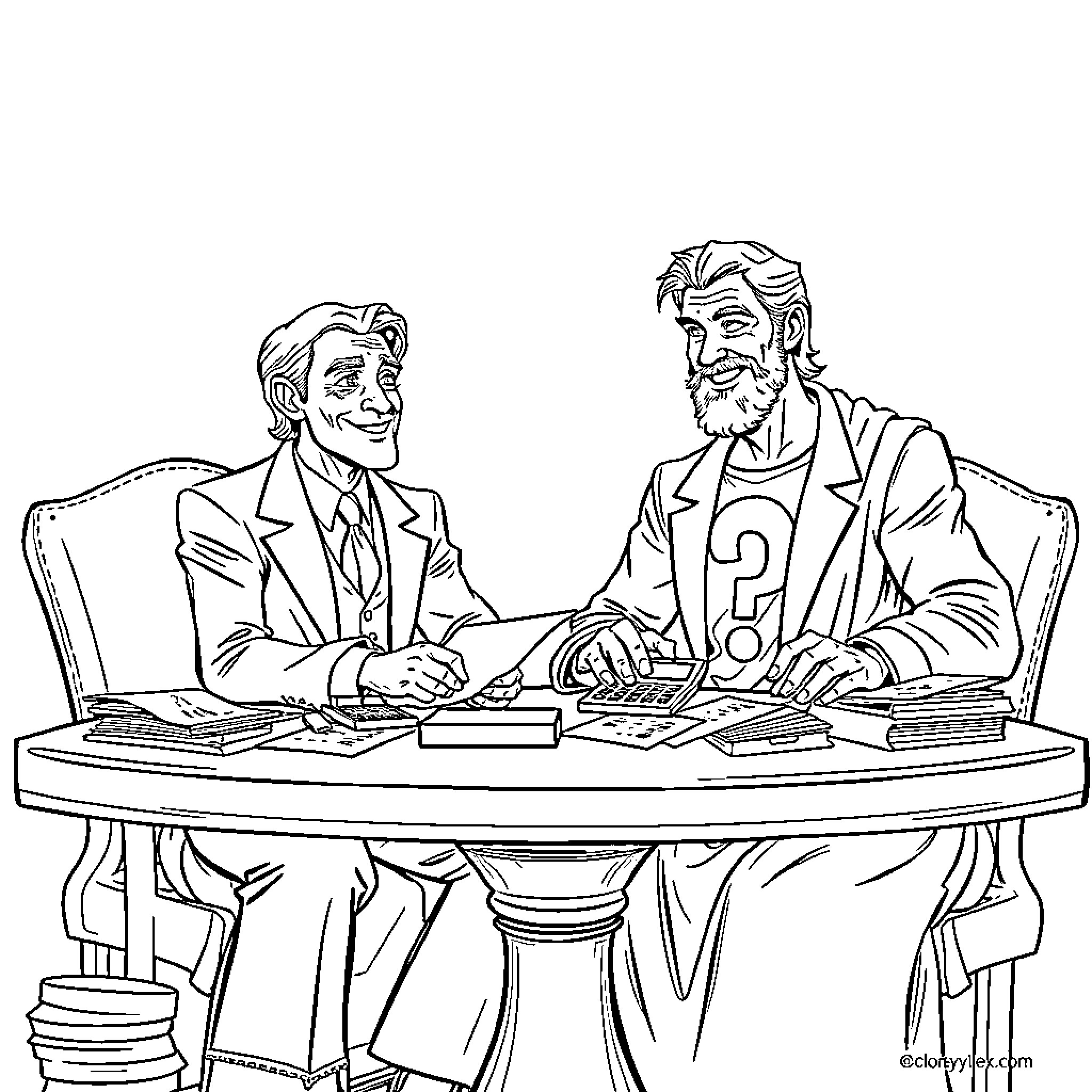 Riddler meeting with a gentleman at the office Coloring Page (free black-and-white line drawing printable PDF for all, from beginners to advanced learners, including children, teens, adults, and seniors)