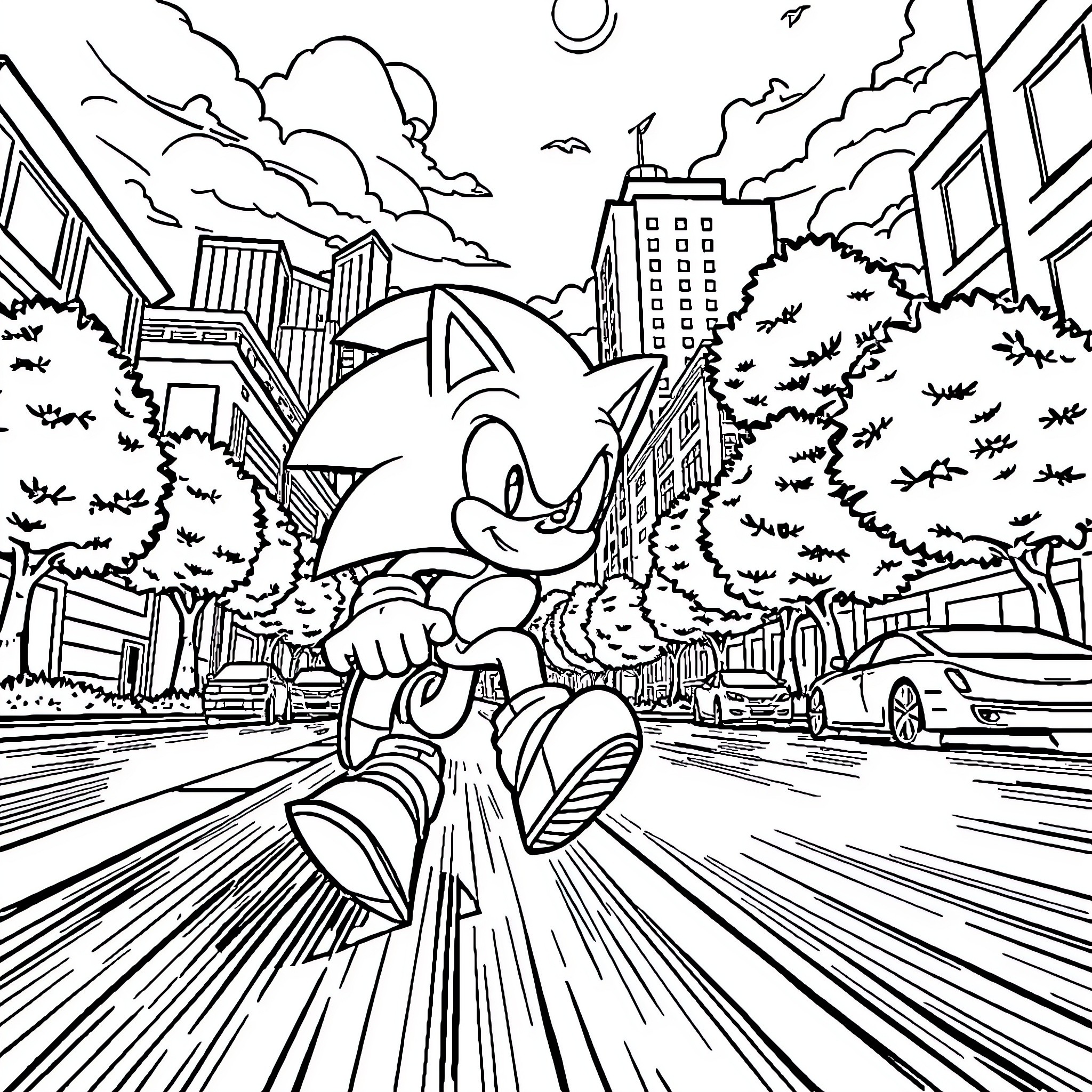 Sonic racing through the bustling city streets Coloring Page (free black-and-white line drawing printable PDF for all, from beginners to advanced learners, including children, teens, adults, and seniors)