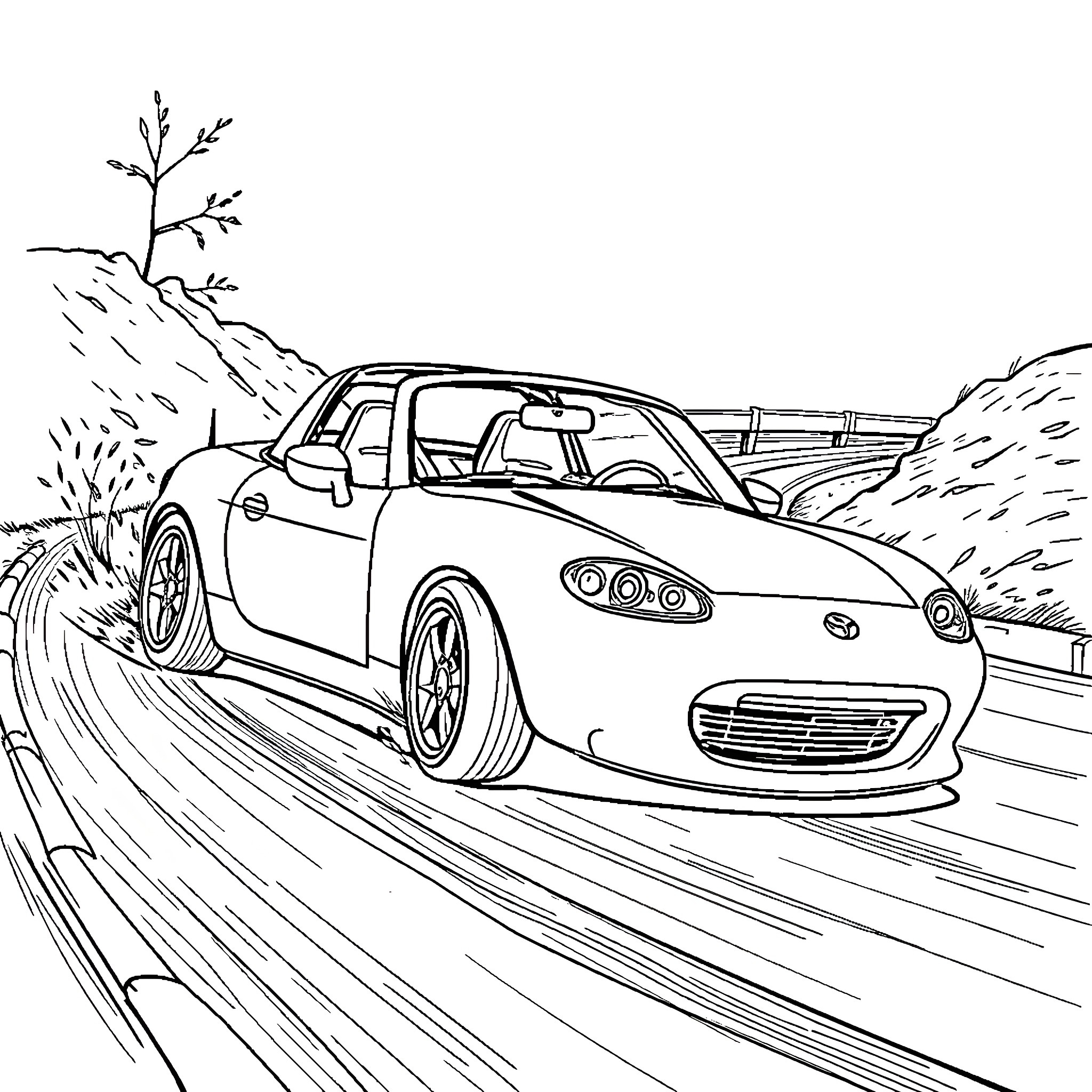 Miata racing down the winding road Coloring Page (free black-and-white line drawing printable PDF for all, from beginners to advanced learners, including children, teens, adults, and seniors)