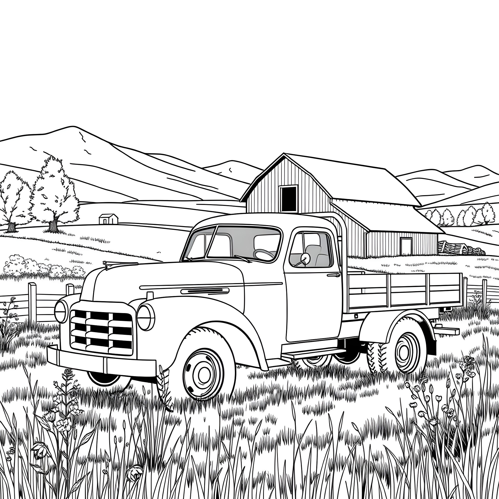 Truck parked on a country road near a rustic barn Coloring Page (free black-and-white line drawing printable PDF for all, from beginners to advanced learners, including children, teens, adults, and seniors)