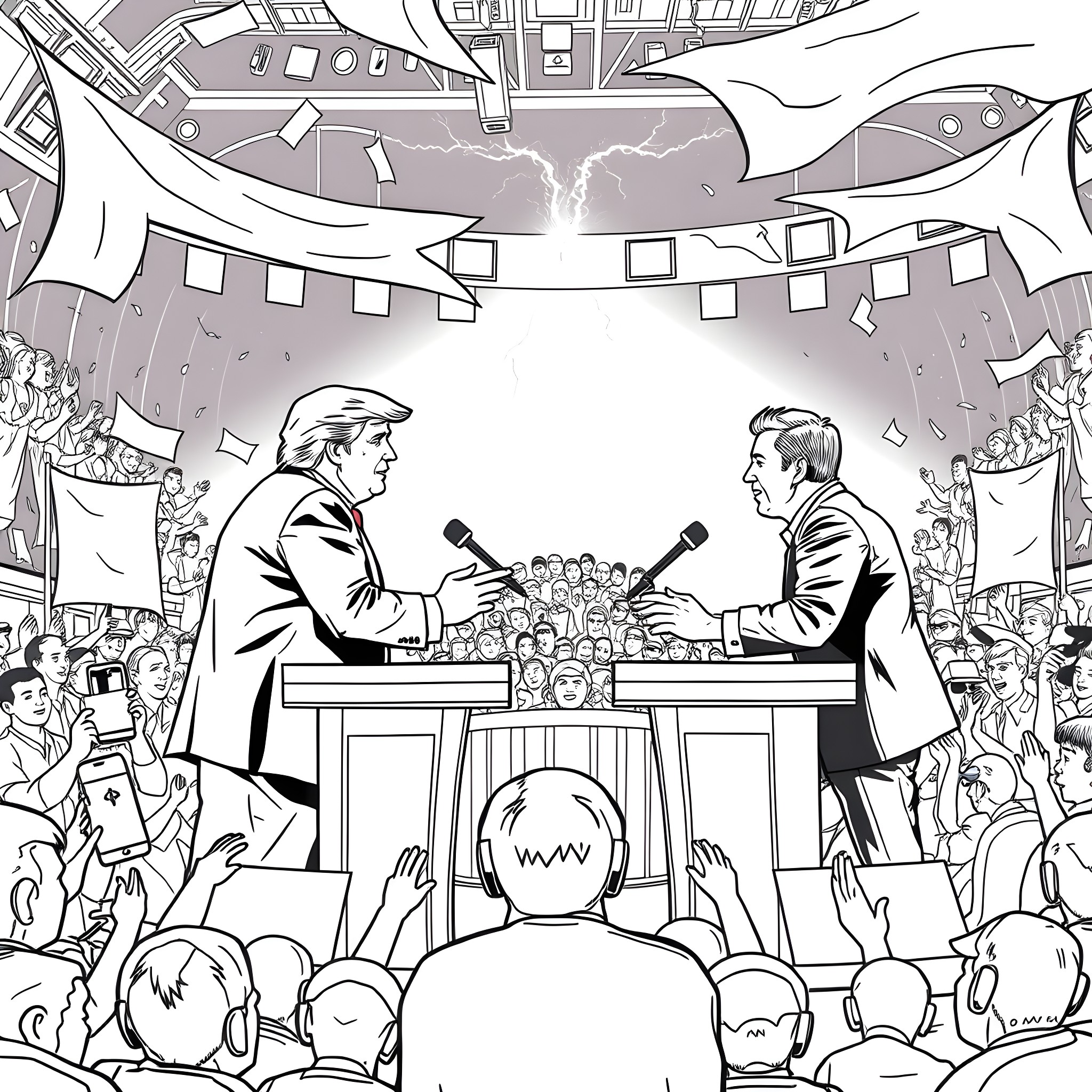 Donald Trump and Opponent Debating on Stage Coloring Page (free black-and-white line drawing printable PDF for all, from beginners to advanced learners, including children, teens, adults, and seniors)