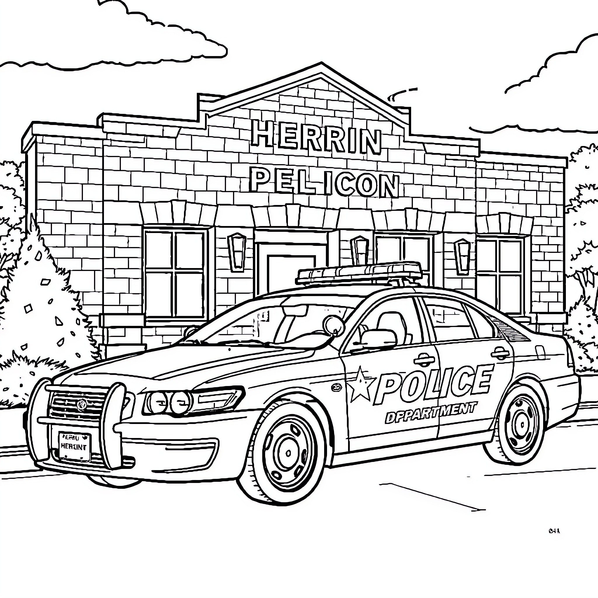 Police Car parked outside police department building Coloring Page (free black-and-white line drawing printable PDF for all, from beginners to advanced learners, including children, teens, adults, and seniors)