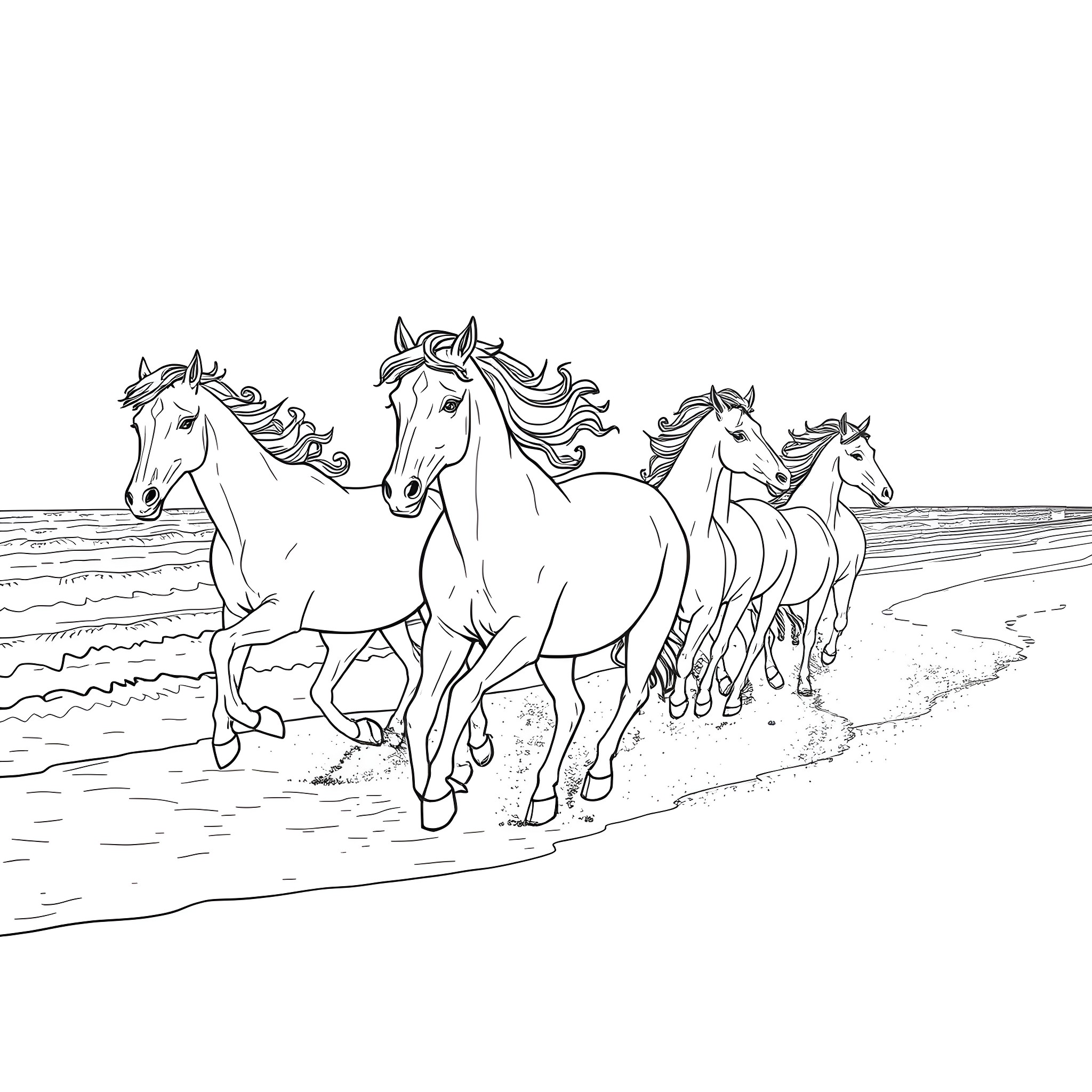 Horse herd galloping along the beach Coloring Page (free black-and-white line drawing printable PDF for all, from beginners to advanced learners, including children, teens, adults, and seniors)
